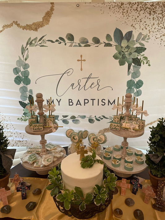 Personalized Baptism Backdrop, Sage Greenery, Christening Decor