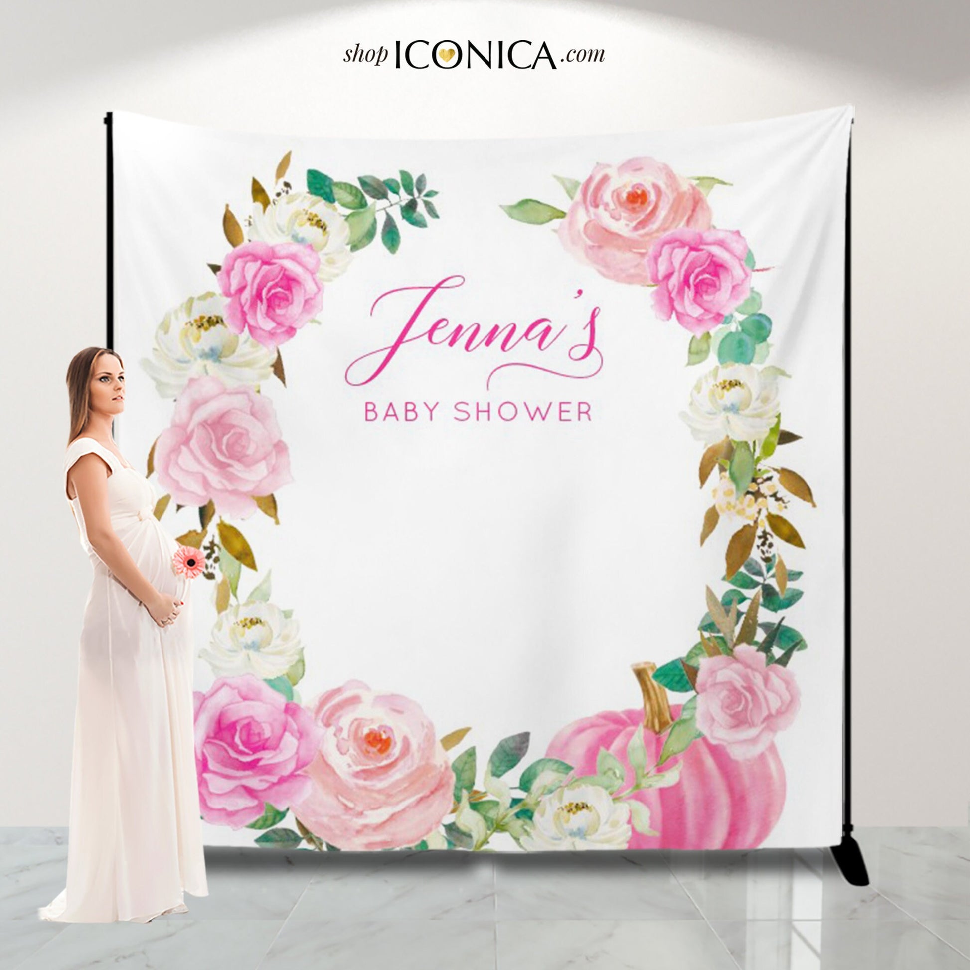 Little Pumpkin First Birthday Backdrop, Pink Floral Banner