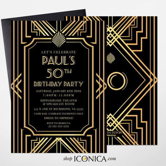 50th Birthday Invitation, Roaring 20s, Great Gatsby Party