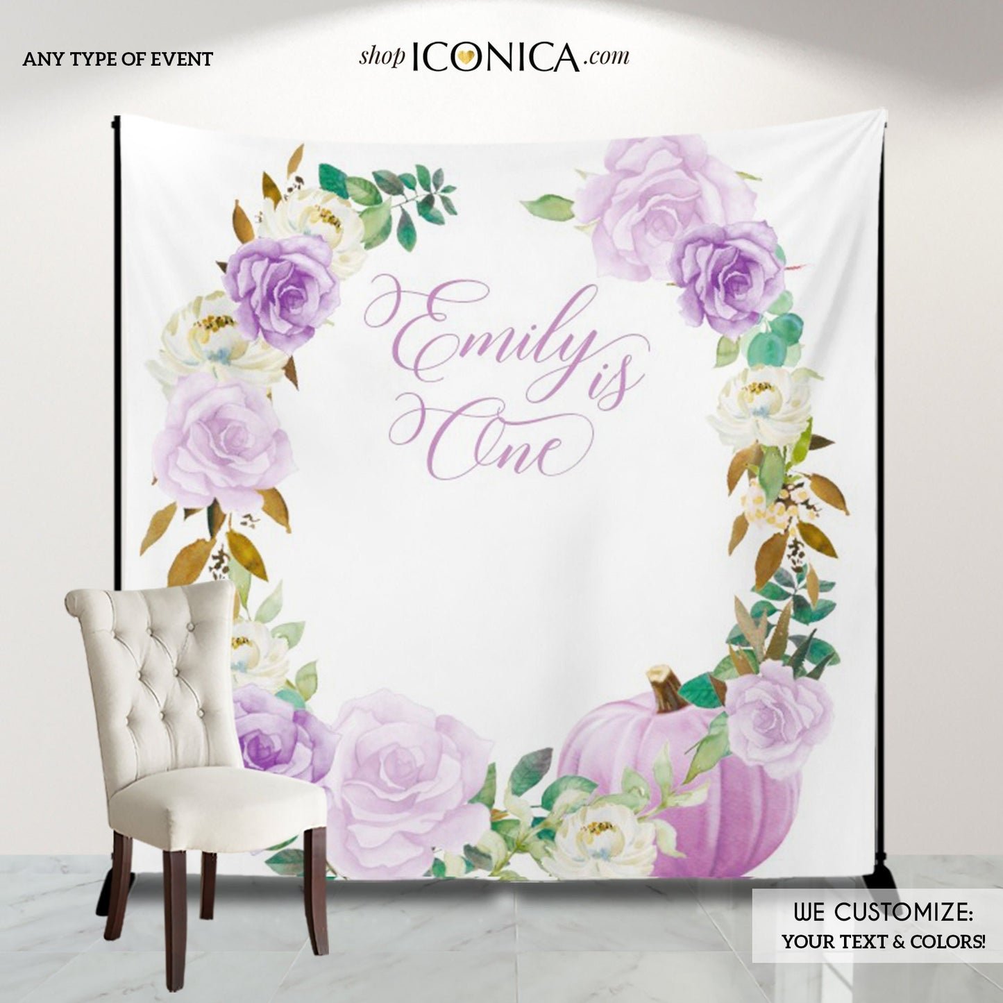 Lilac Pumpkin First Birthday Backdrop, Fall Baby Shower Banner
