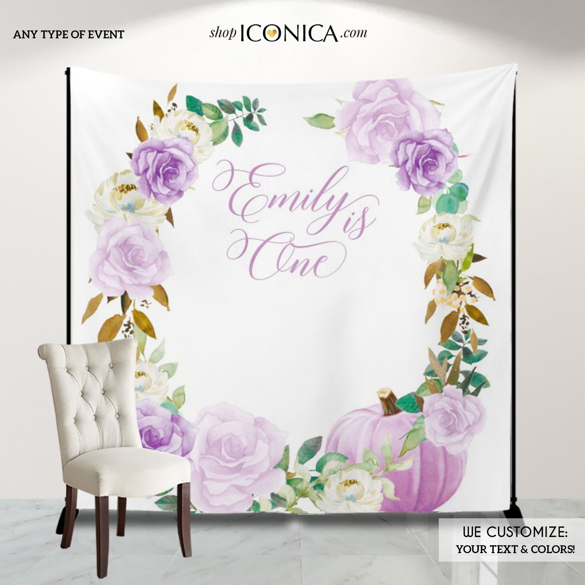 Lilac Pumpkin First Birthday Backdrop, Fall Baby Shower Banner