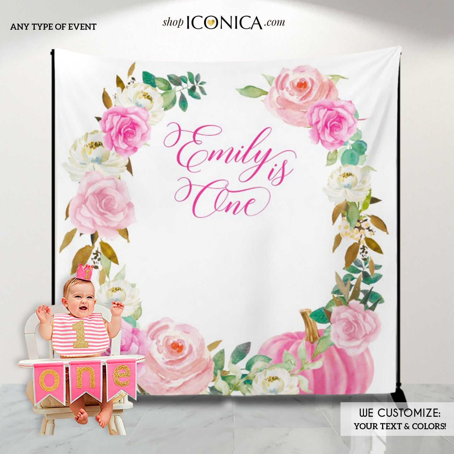 Little Pumpkin First Birthday Backdrop, Pink Floral Banner