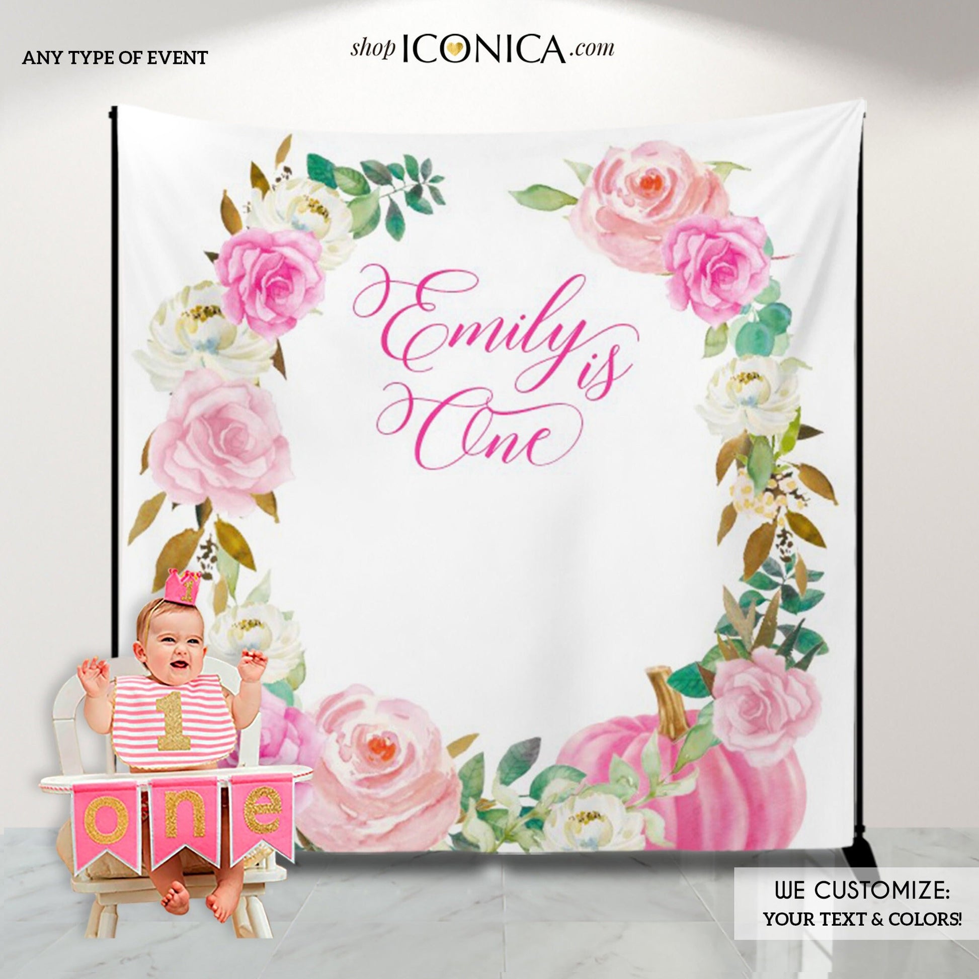 Little Pumpkin First Birthday Backdrop, Pink Floral Banner