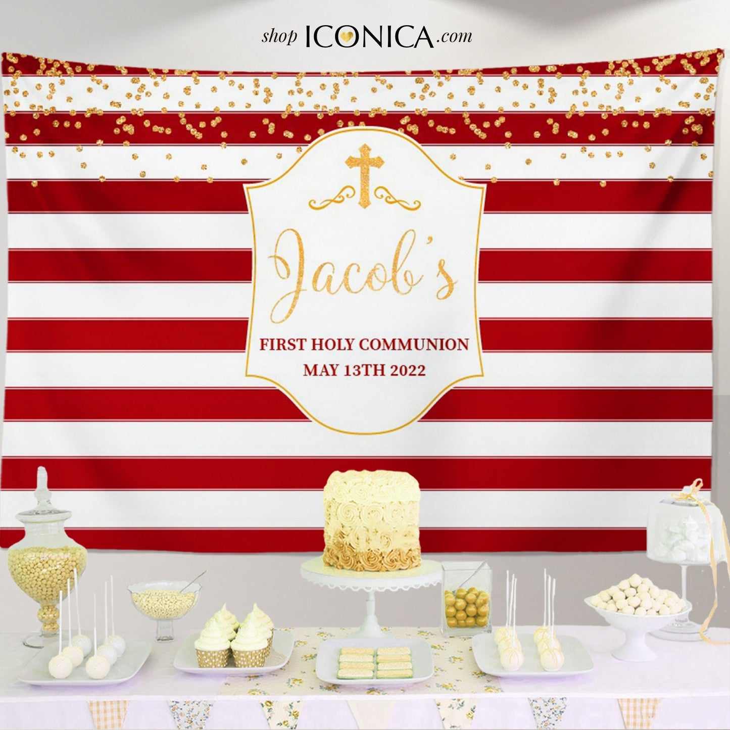 Burgundy Gold First Communion Backdrop, Striped Photo Booth (Printed or Printable File)