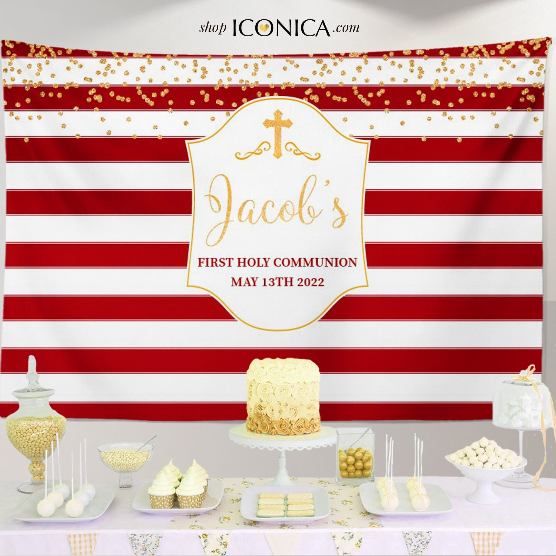 Burgundy Gold First Communion Backdrop, Striped Photo Booth (Printed or Printable File)
