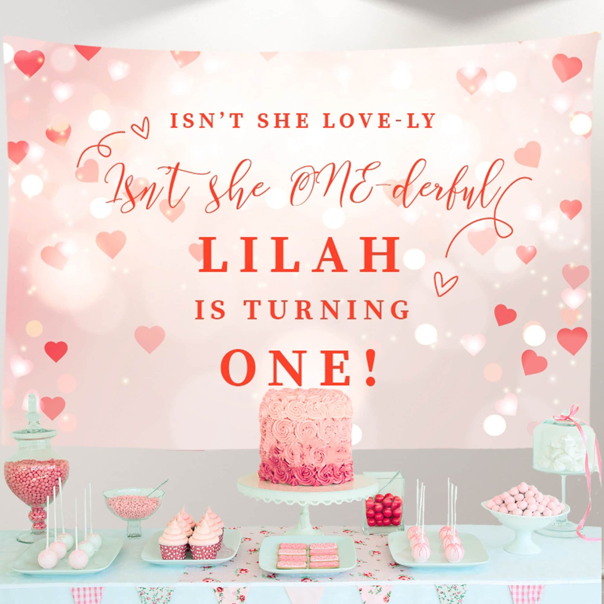 First Birthday Backdrop, Sweetheart Theme, Hearts Bokeh