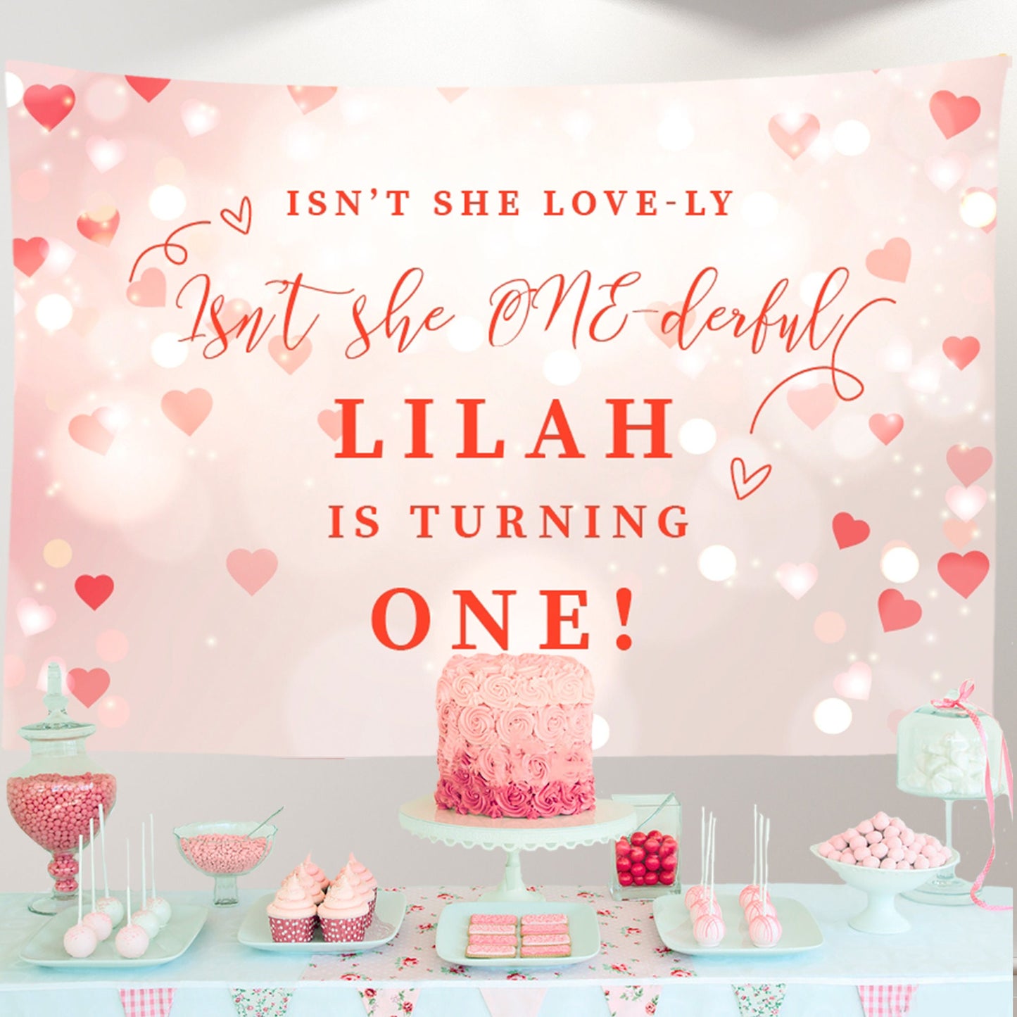 Sweetheart First Birthday Backdrop, Valentines Day Banner Hearts Bokeh Photo Prop Decorations BVL0007