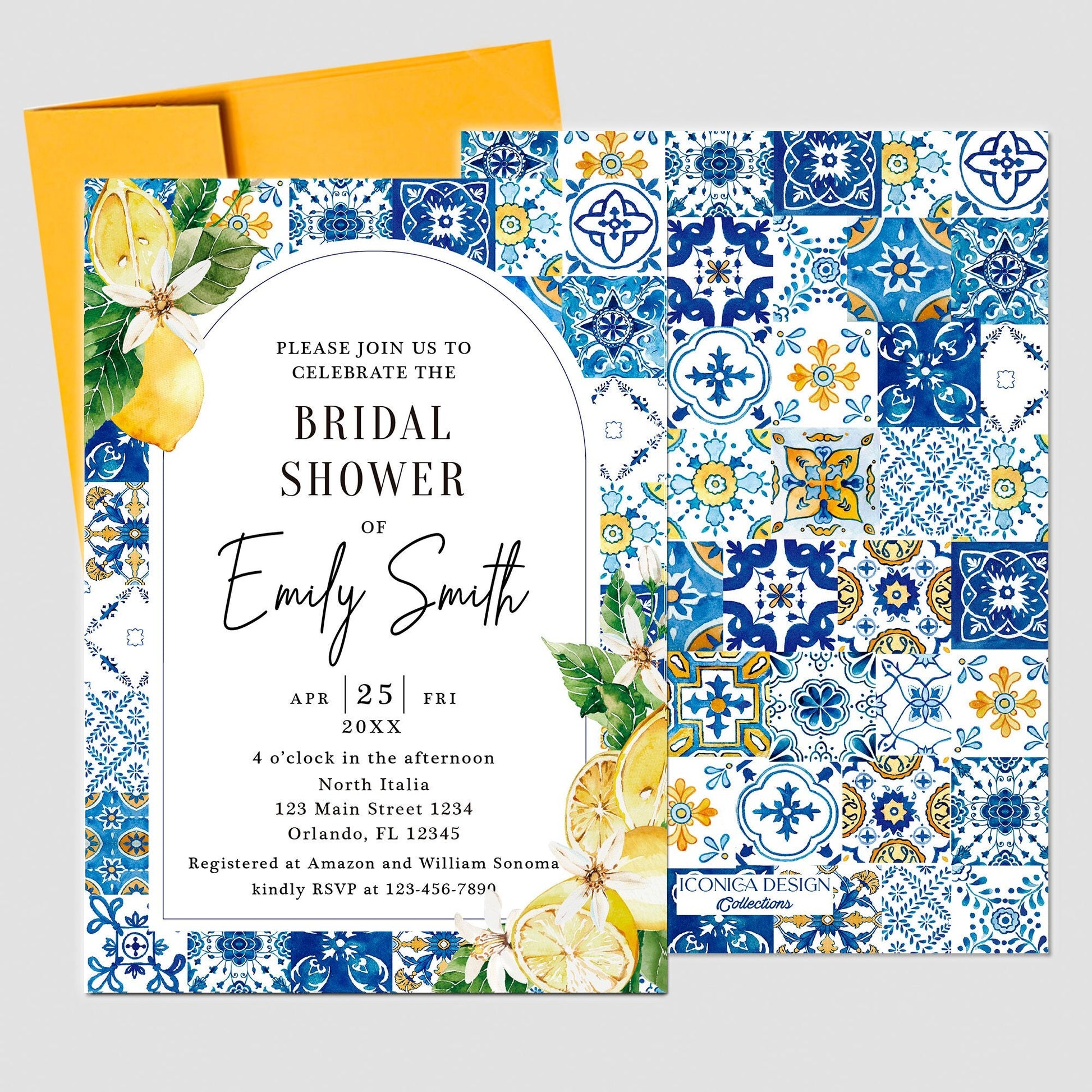Tuscan Lemon Bridal Shower Invitation, Blue Tile, Citrus Theme