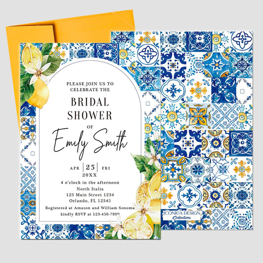 Tuscan Lemon Bridal Shower Invitation, Blue Tile, Citrus Theme