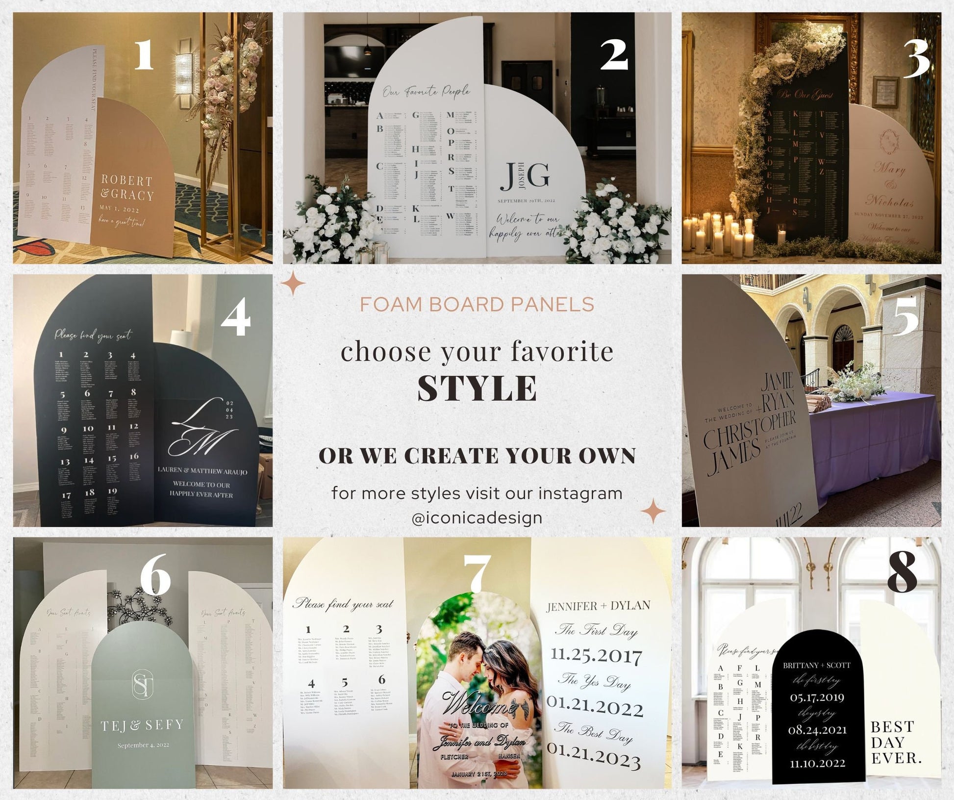 Custom Arch Wedding Seating Chart – Modern Foam Board Sign with Easel
