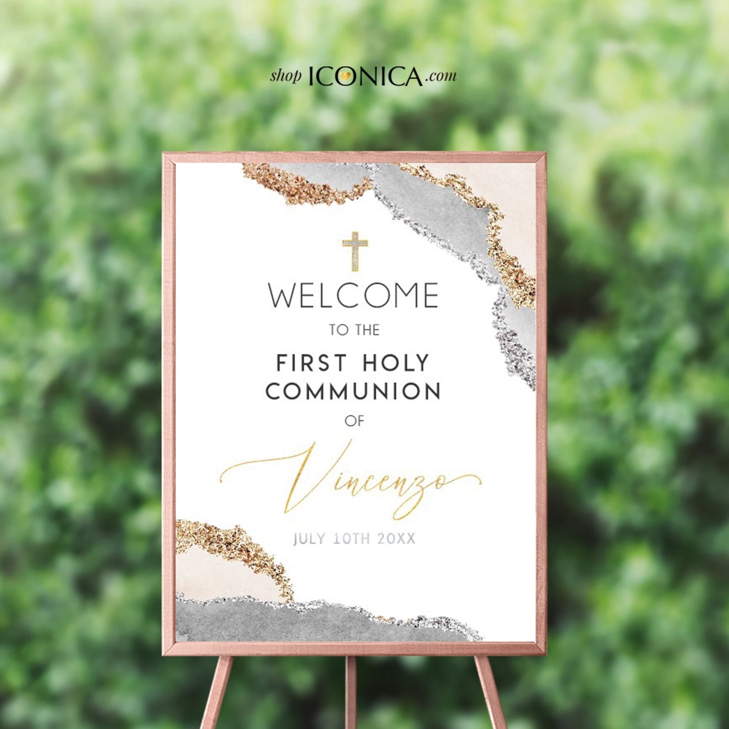 Personalized First Communion Welcome Sign, Neutral Geode, Gold & Silver