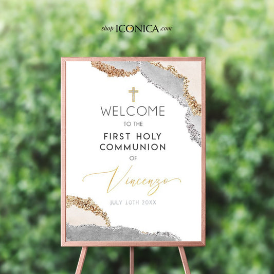 Personalized First Communion Welcome Sign, Neutral Geode, Gold & Silver