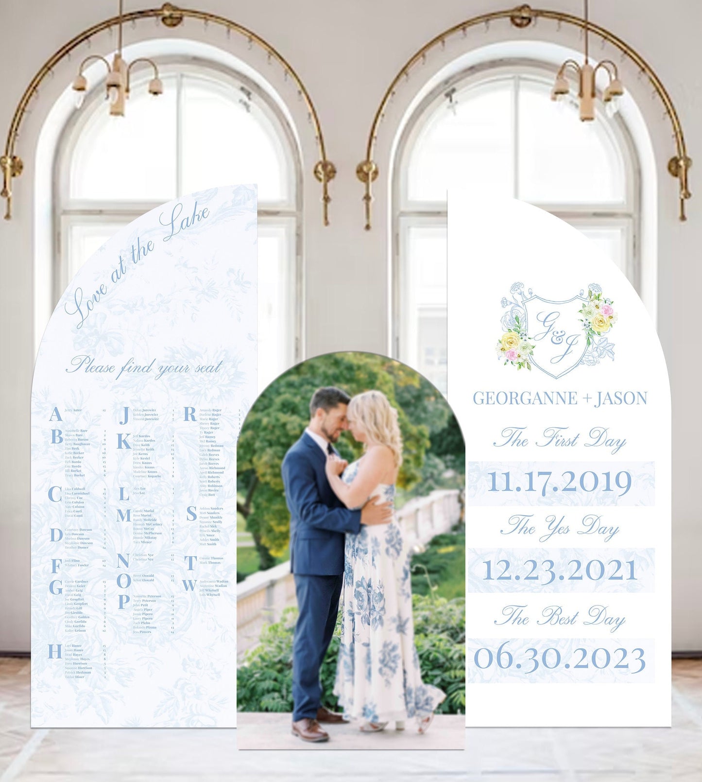 Garden Wedding Seating Chart with Photo, Custom Arch Sign, Dusty Blue