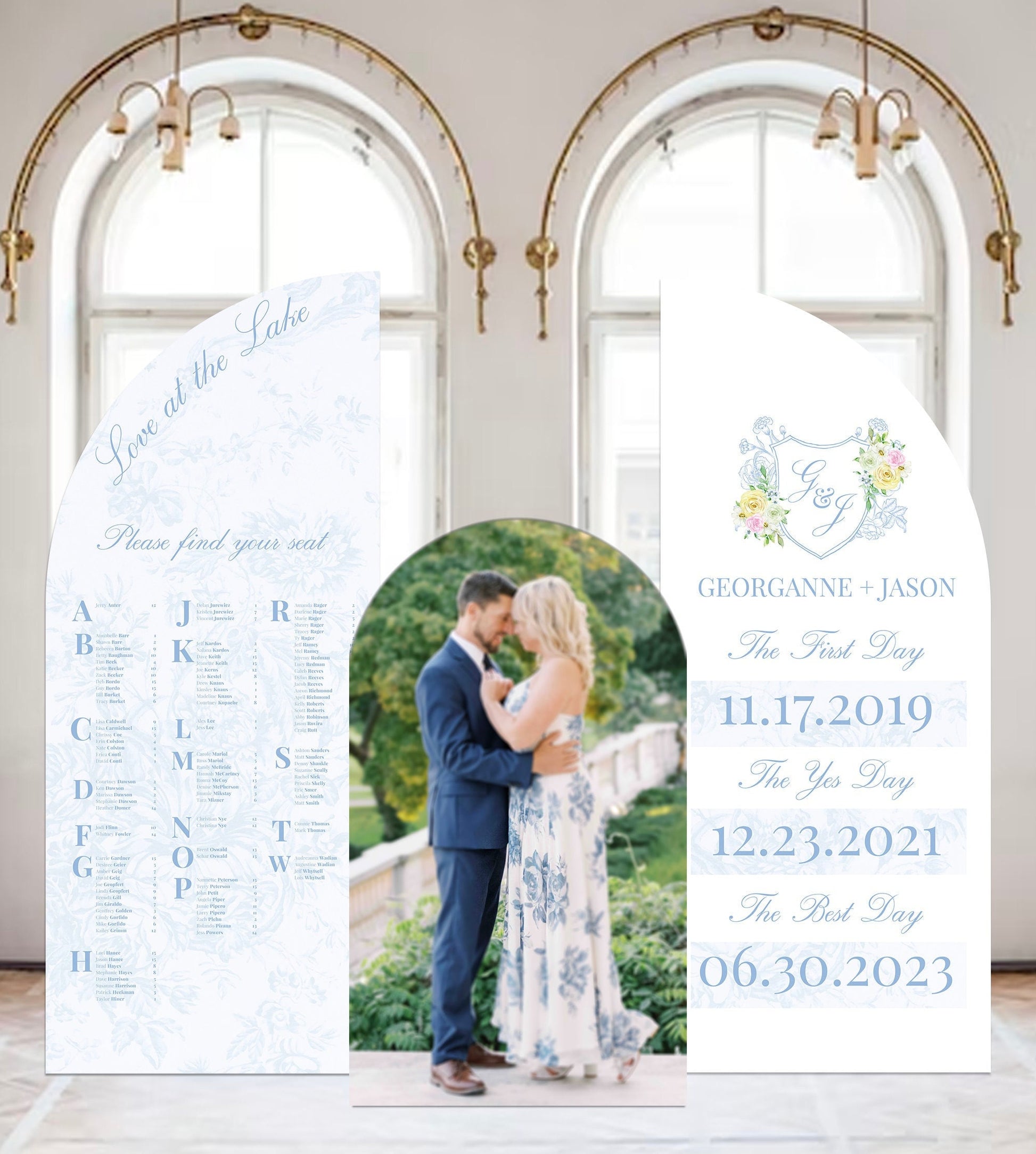 Garden Wedding Seating Chart with Photo, Custom Arch Sign, Dusty Blue