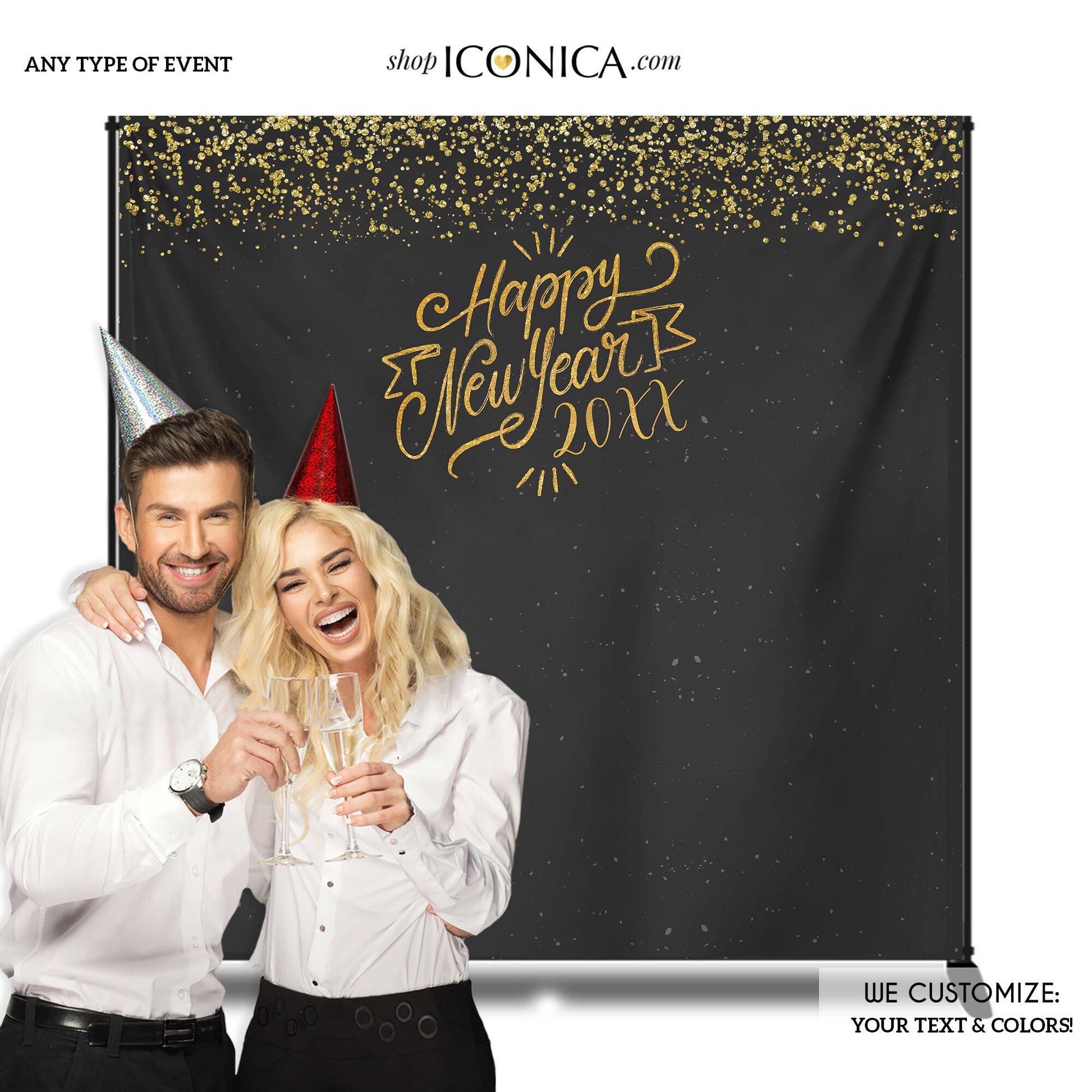 New Years Eve Gold Glitter Party Backdrop, Custom Photo Booth