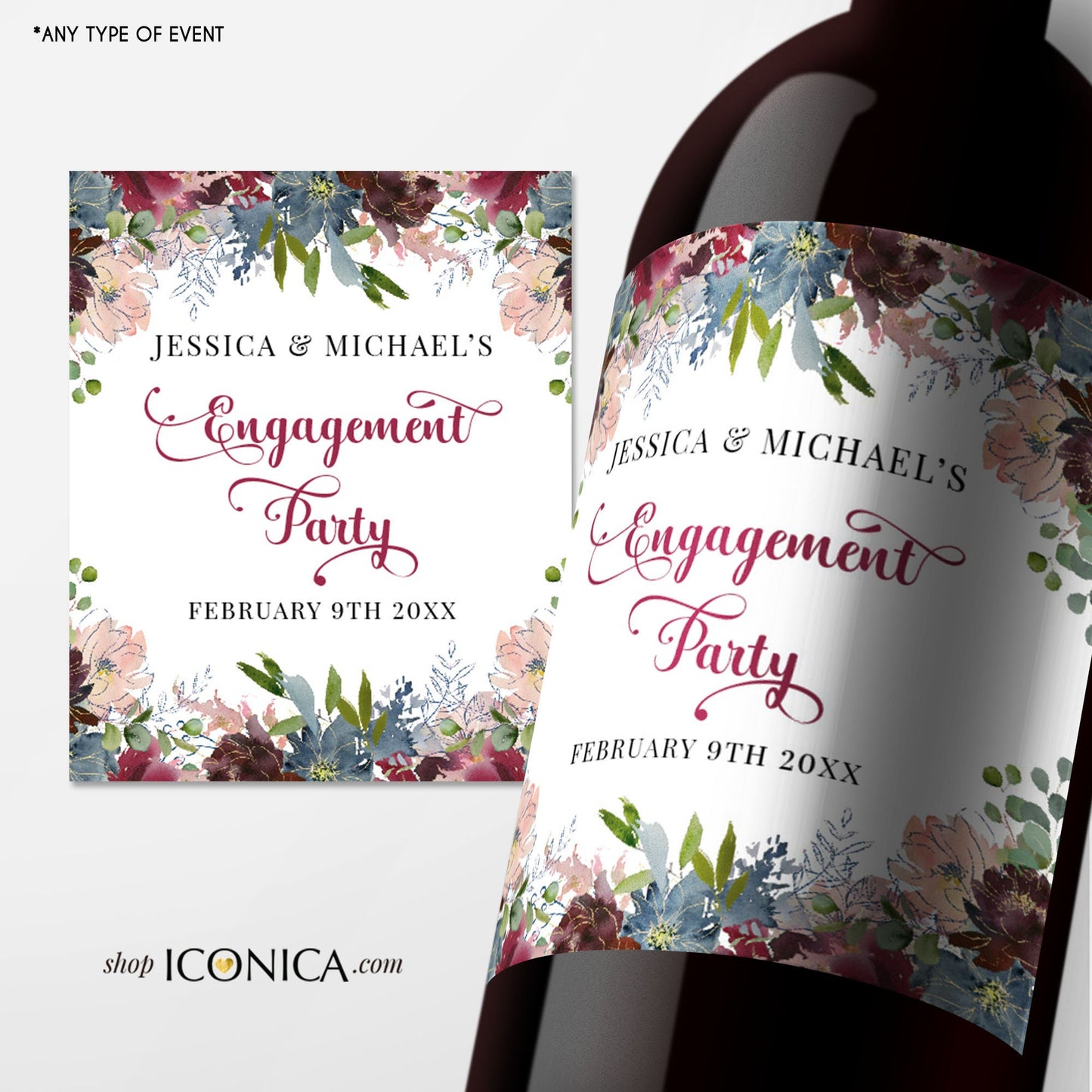 Personalized Engagement Champagne Label | Floral Wine Bottle Label
