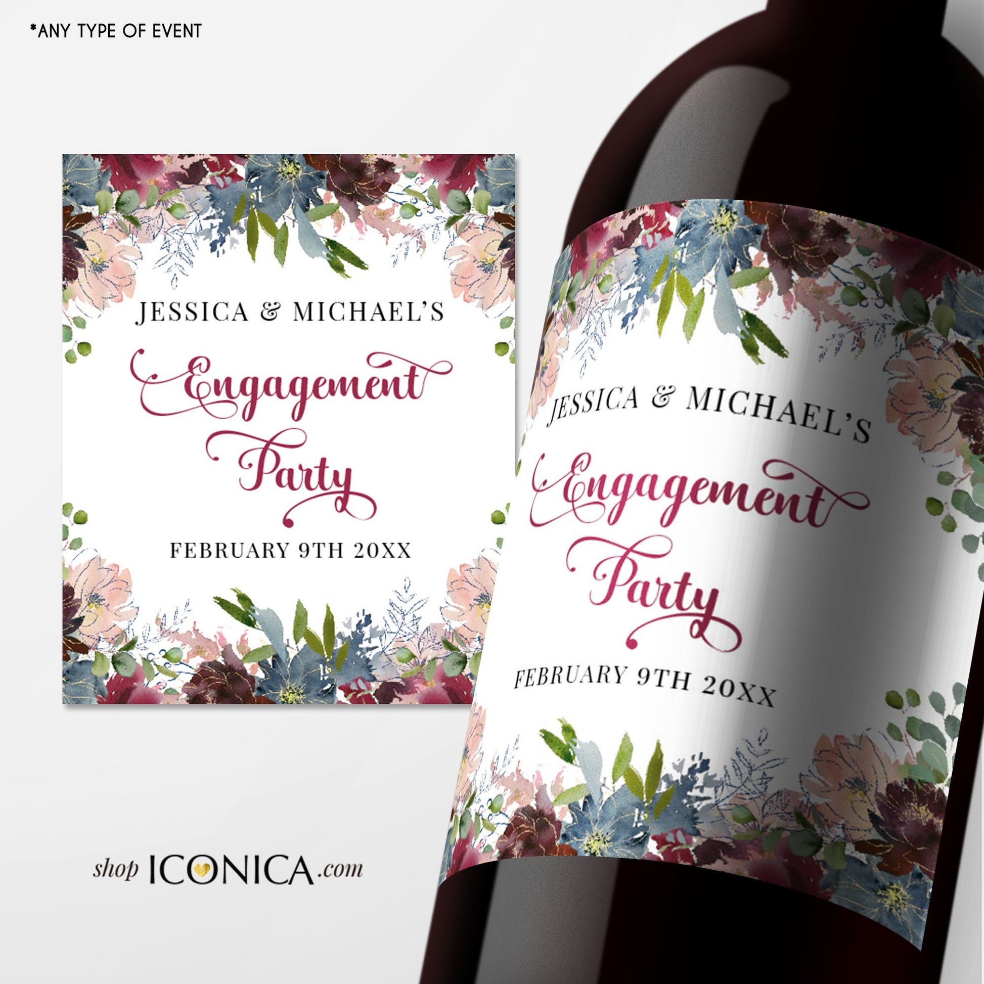 Personalized Engagement Champagne Label | Floral Wine Bottle Label