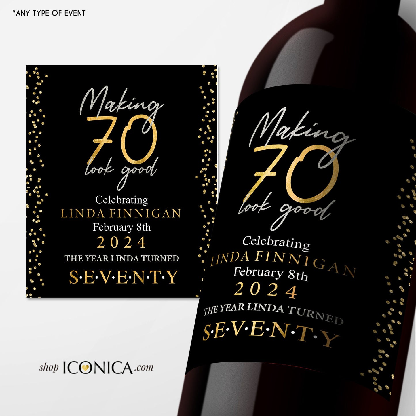 70th Birthday Wine Label, Personalized Milestone Champagne or Beer Label