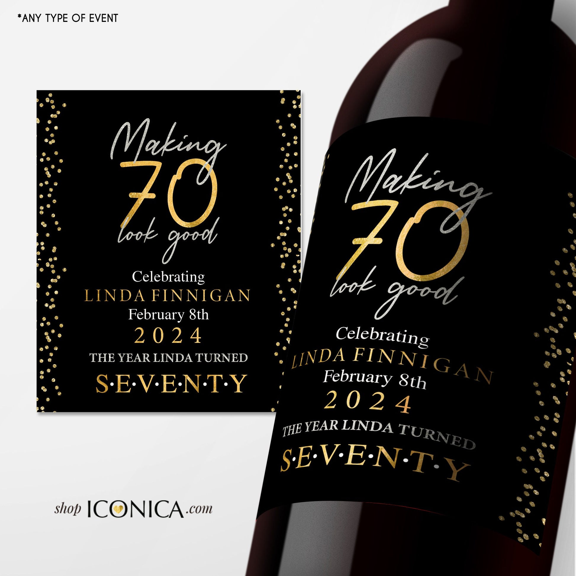 70th Birthday Wine Label, Personalized Milestone Champagne or Beer Label