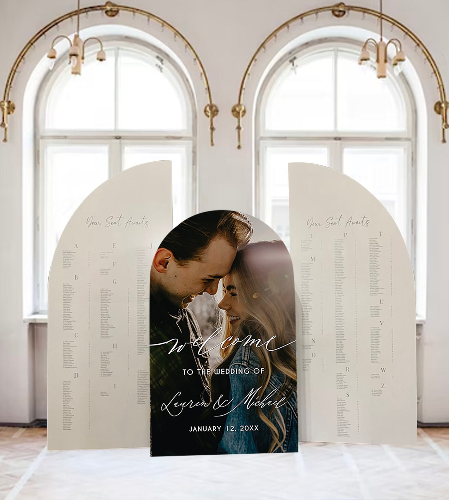 Large Arch Wedding Seating Chart with Picture, Freestanding Foam Board Sign