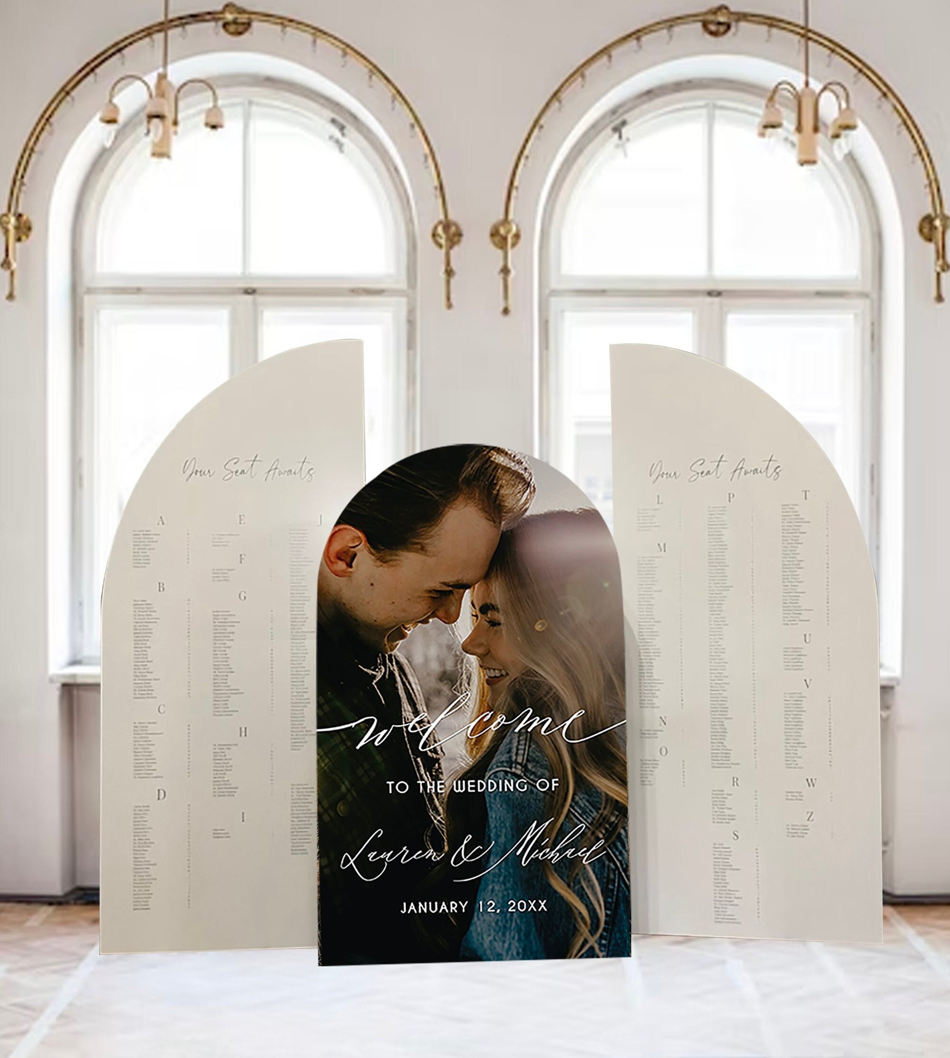 Large Arch Wedding Seating Chart with Picture, Freestanding Foam Board Sign