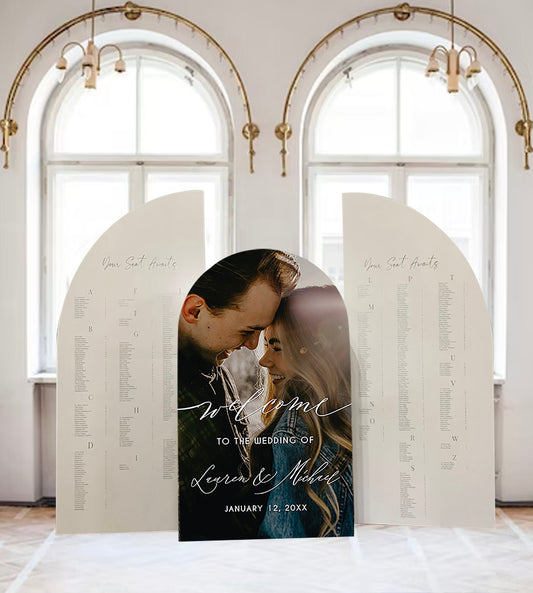 Large Arch Wedding Seating Chart with Picture, Freestanding Foam Board Sign