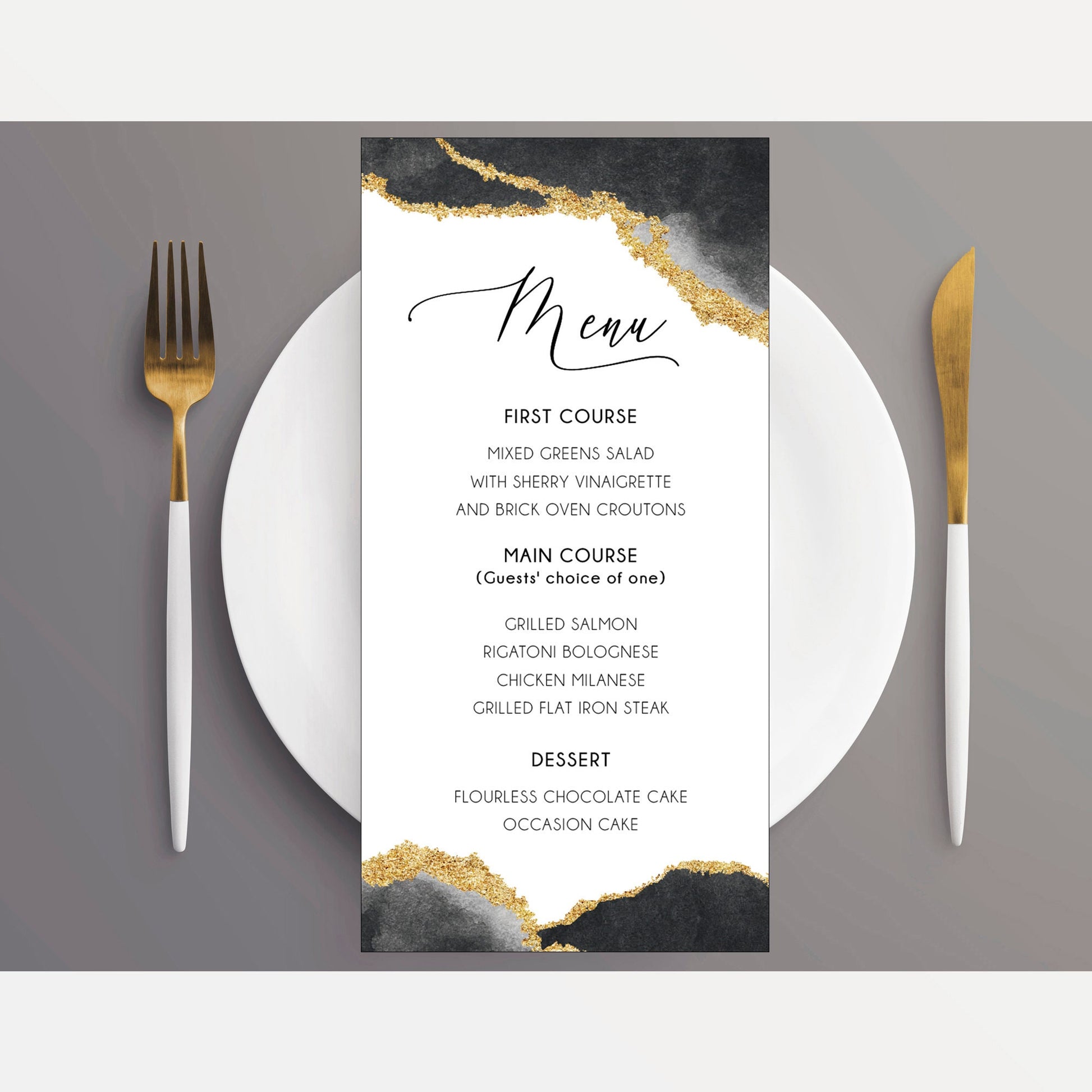 Navy Blue Geode Menu Card, Elegant Watercolor Stationery