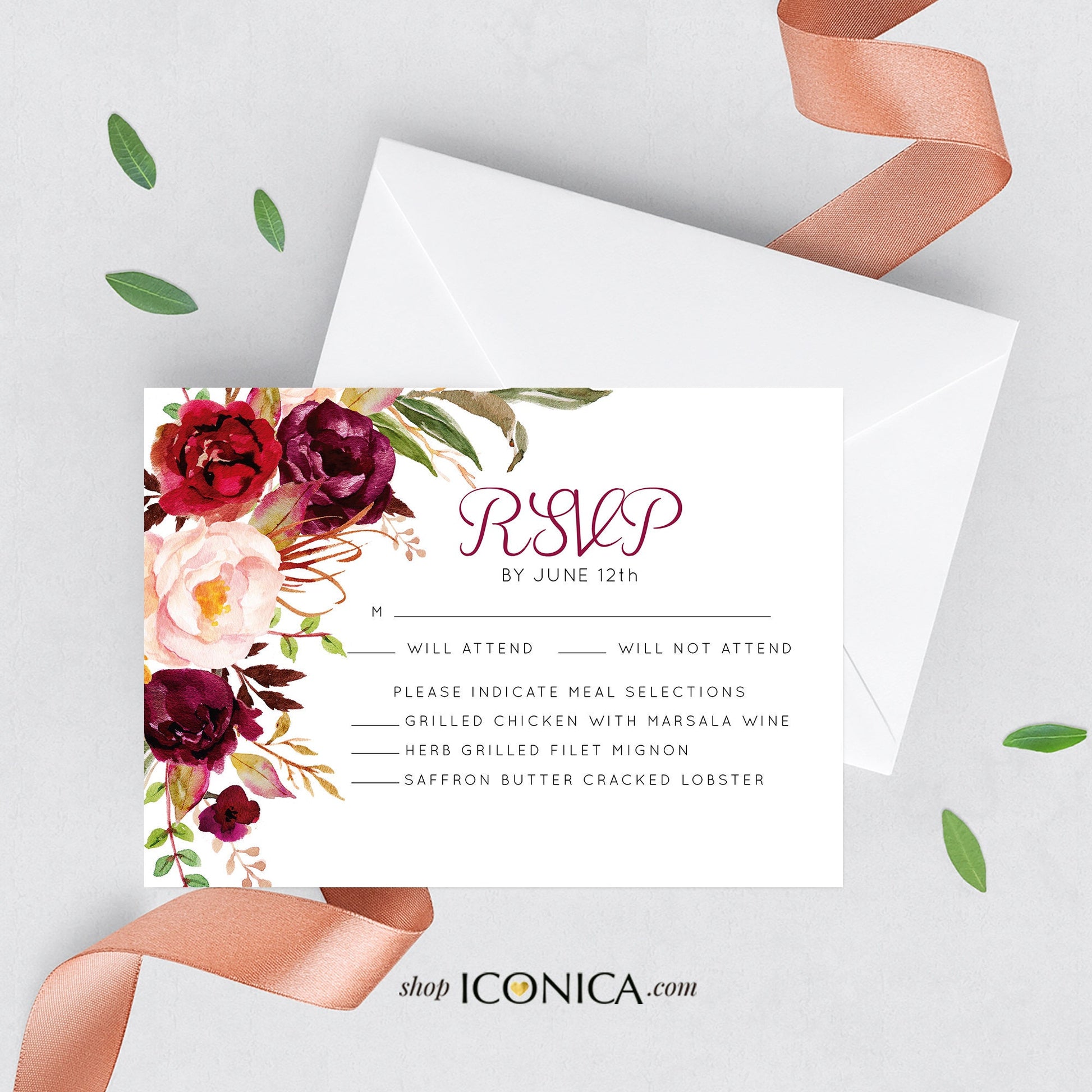 Floral RSVP Card, Burgundy and Pink, Fall Wedding