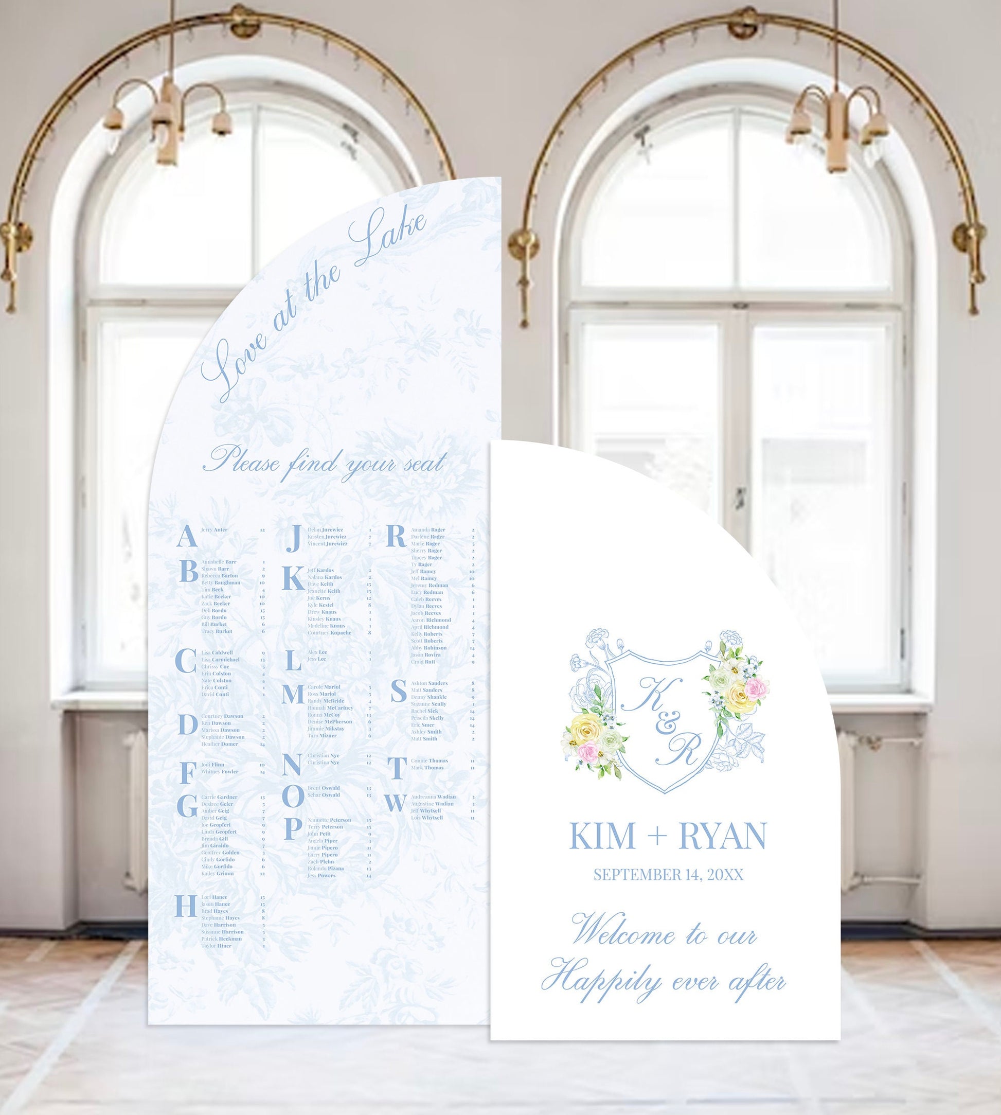 Garden Wedding Seating Chart with Photo, Custom Arch Sign, Dusty Blue