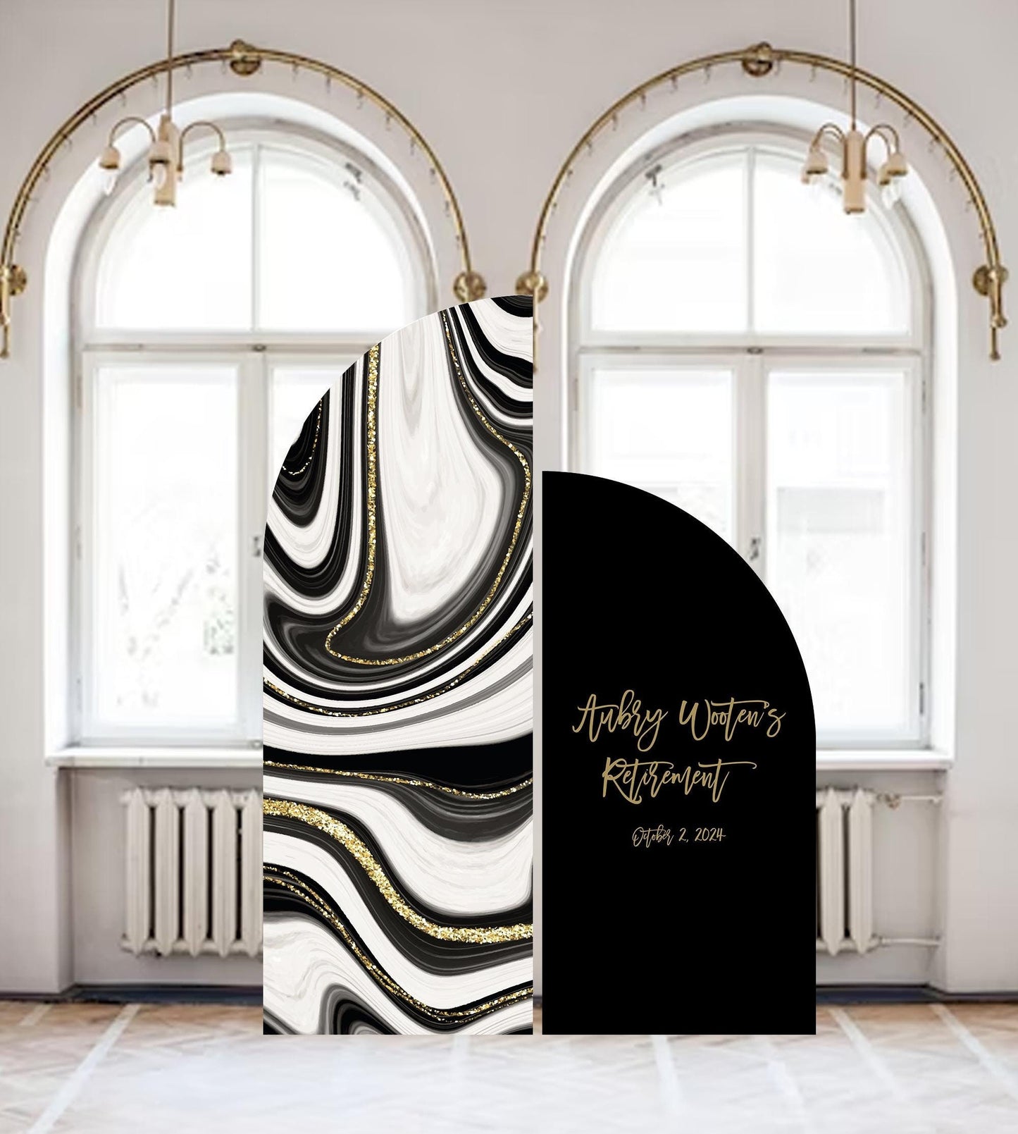 Retirement Party Arch Sign, Gold and Black Marble, Custom Entrance Decor