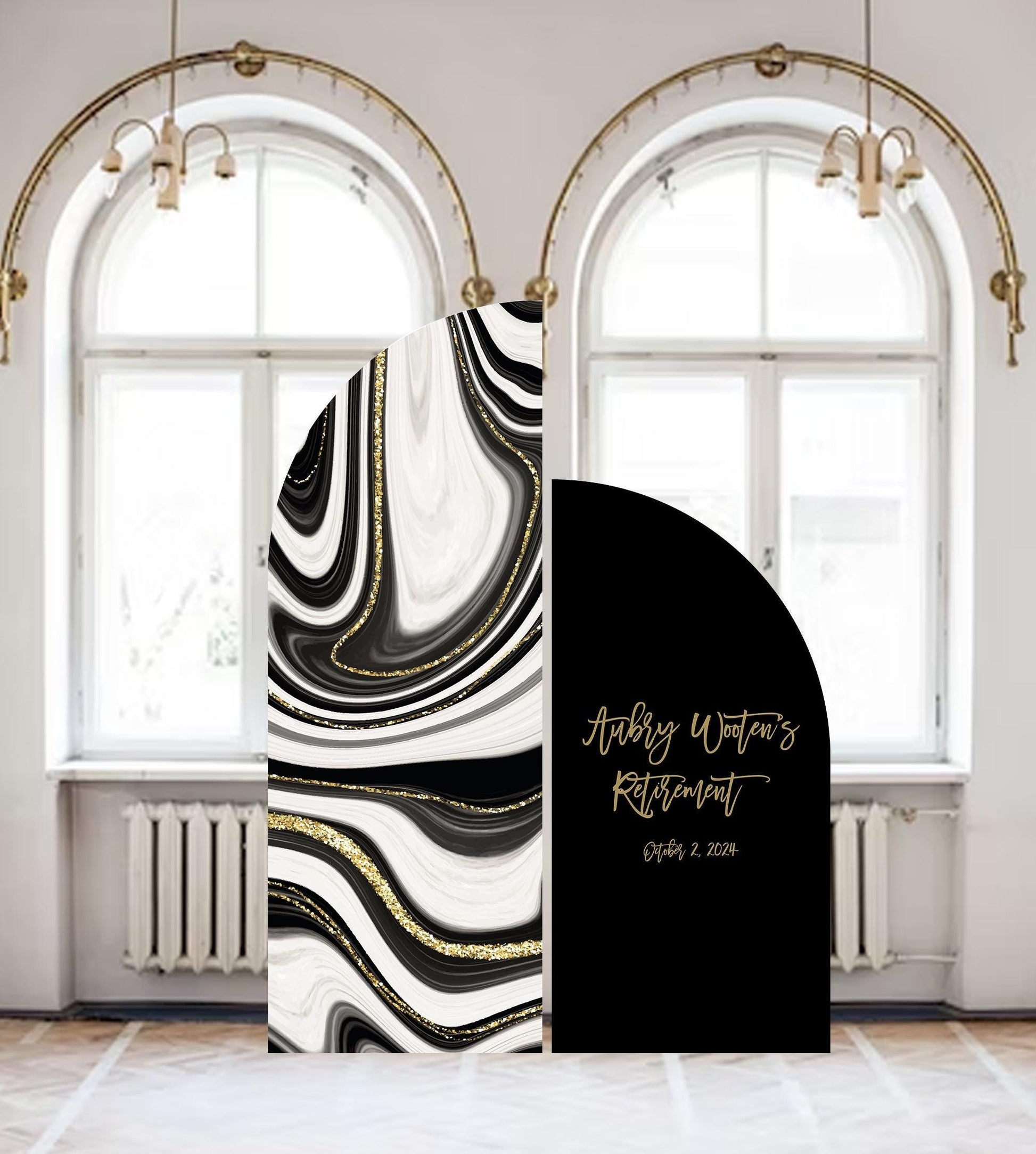 Retirement Party Arch Sign, Gold and Black Marble, Custom Entrance Decor