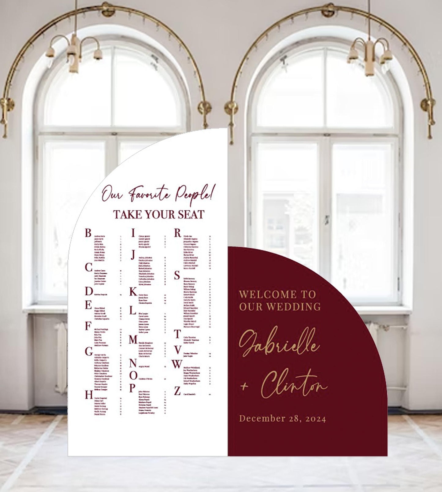 Burgundy Arched Wedding Seating Chart, Custom Foam Board Sign