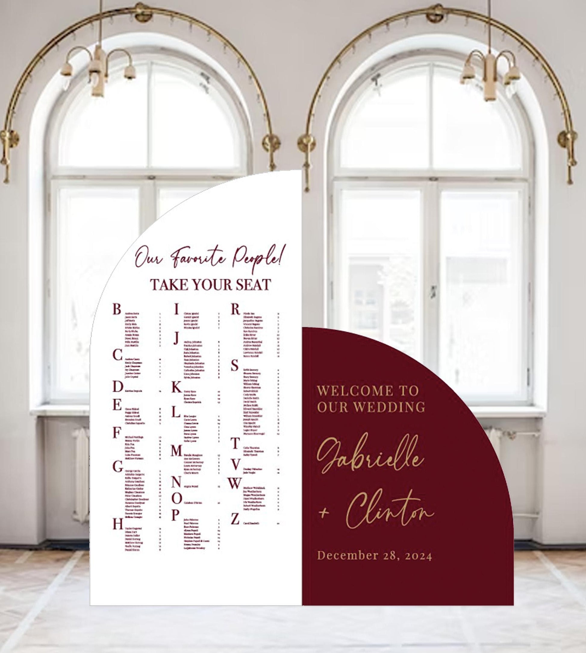 Burgundy Arched Wedding Seating Chart, Custom Foam Board Sign