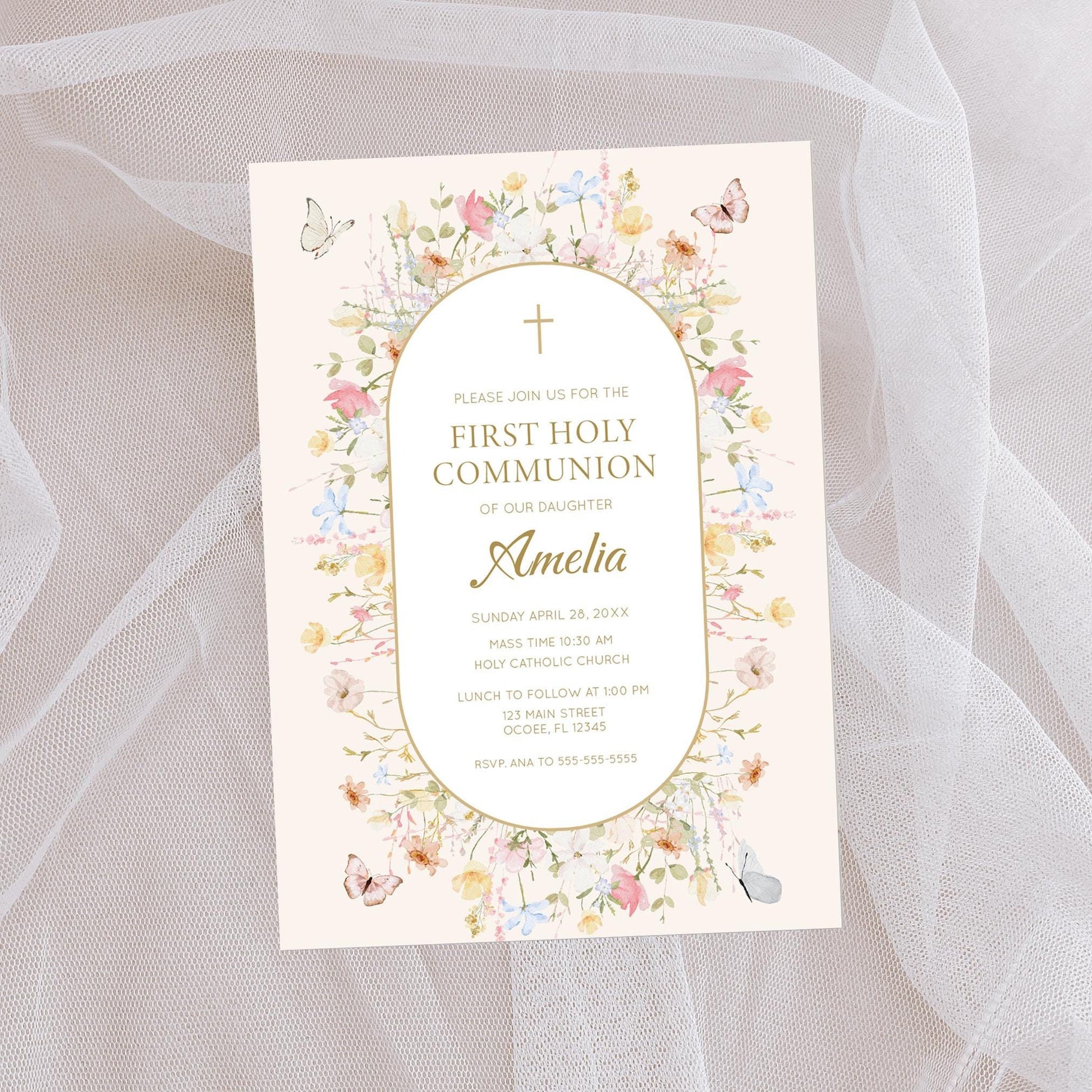 Wildflower First Communion Invitation Girl, Butterfly and Bow Design, Personalized