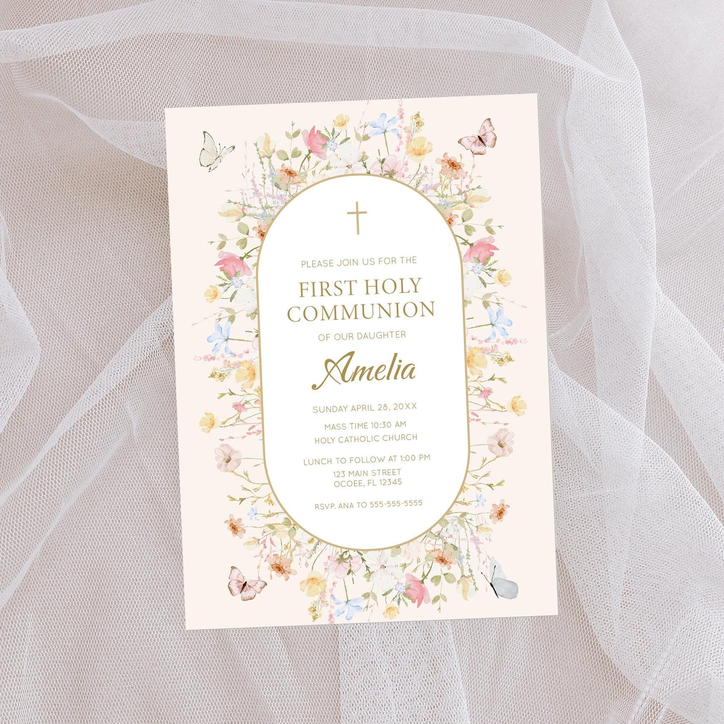 Floral Butterfly First Communion Invitation, Wildflower Holy Communion Invite, Elegant Religious Card (Digital Download)