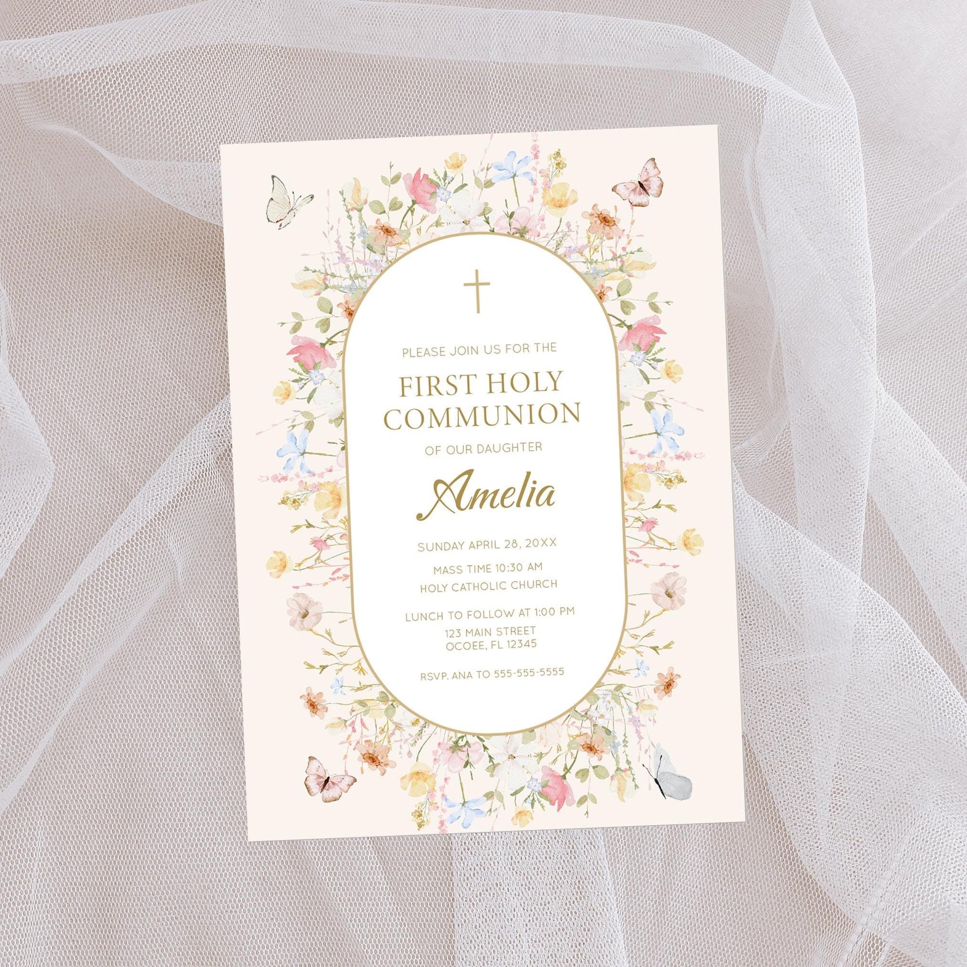 Floral Butterfly First Communion Invitation, Wildflower Holy Communion Invite, Elegant Religious Card (Digital Download)