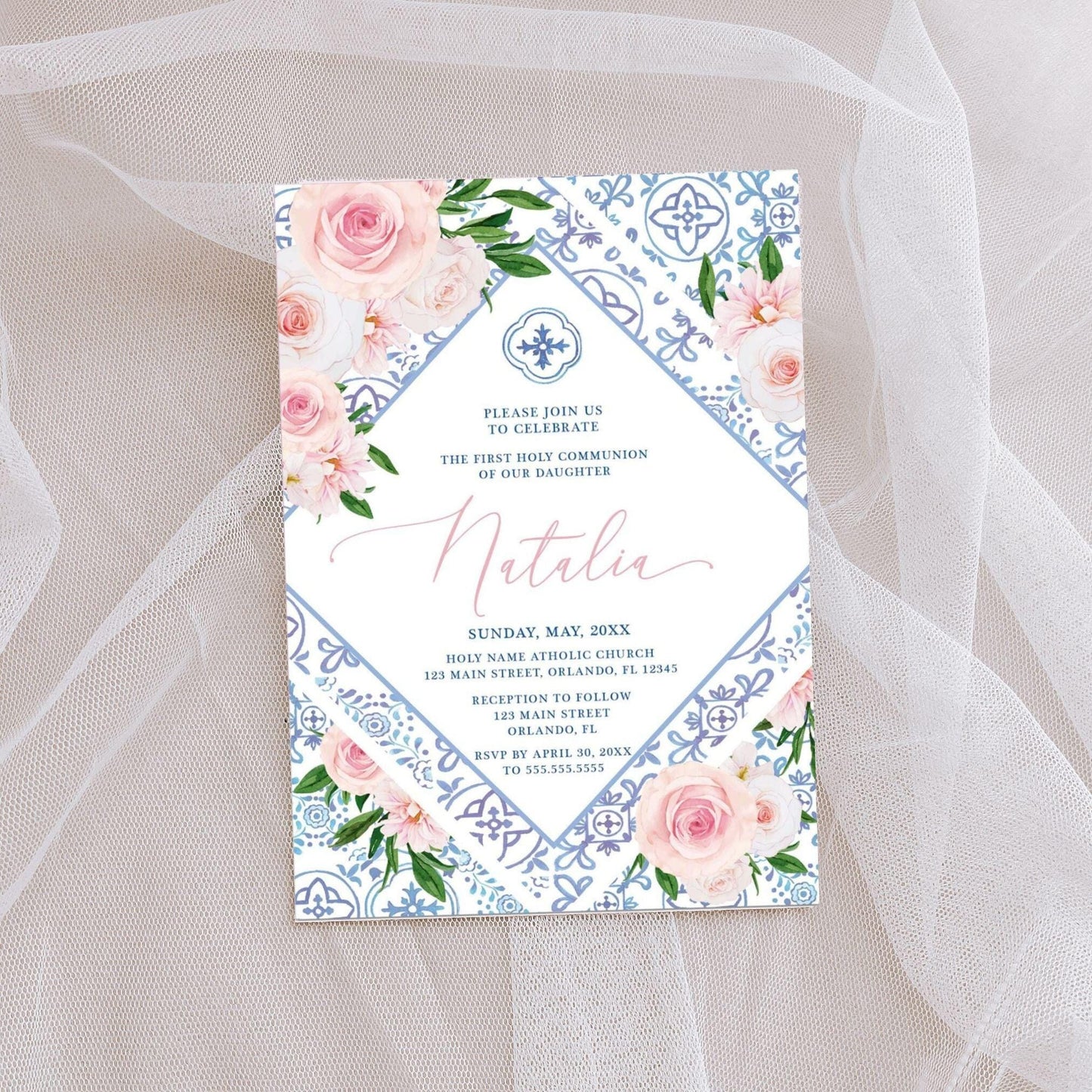 Floral First Communion Invitation, Blue Tile Design