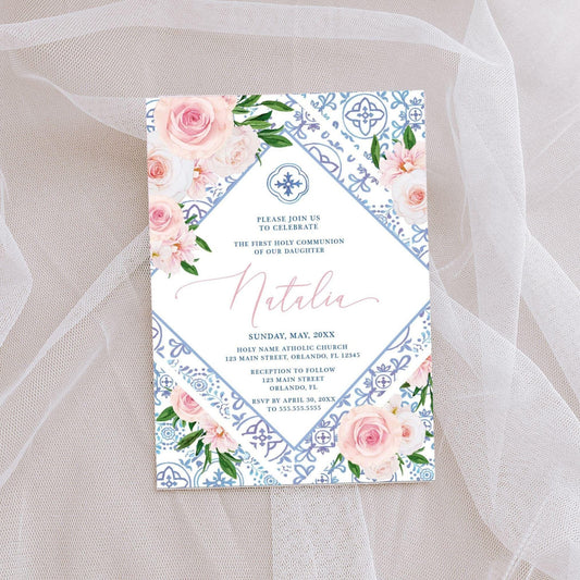 Floral First Communion Invitation, Blue Tile Design