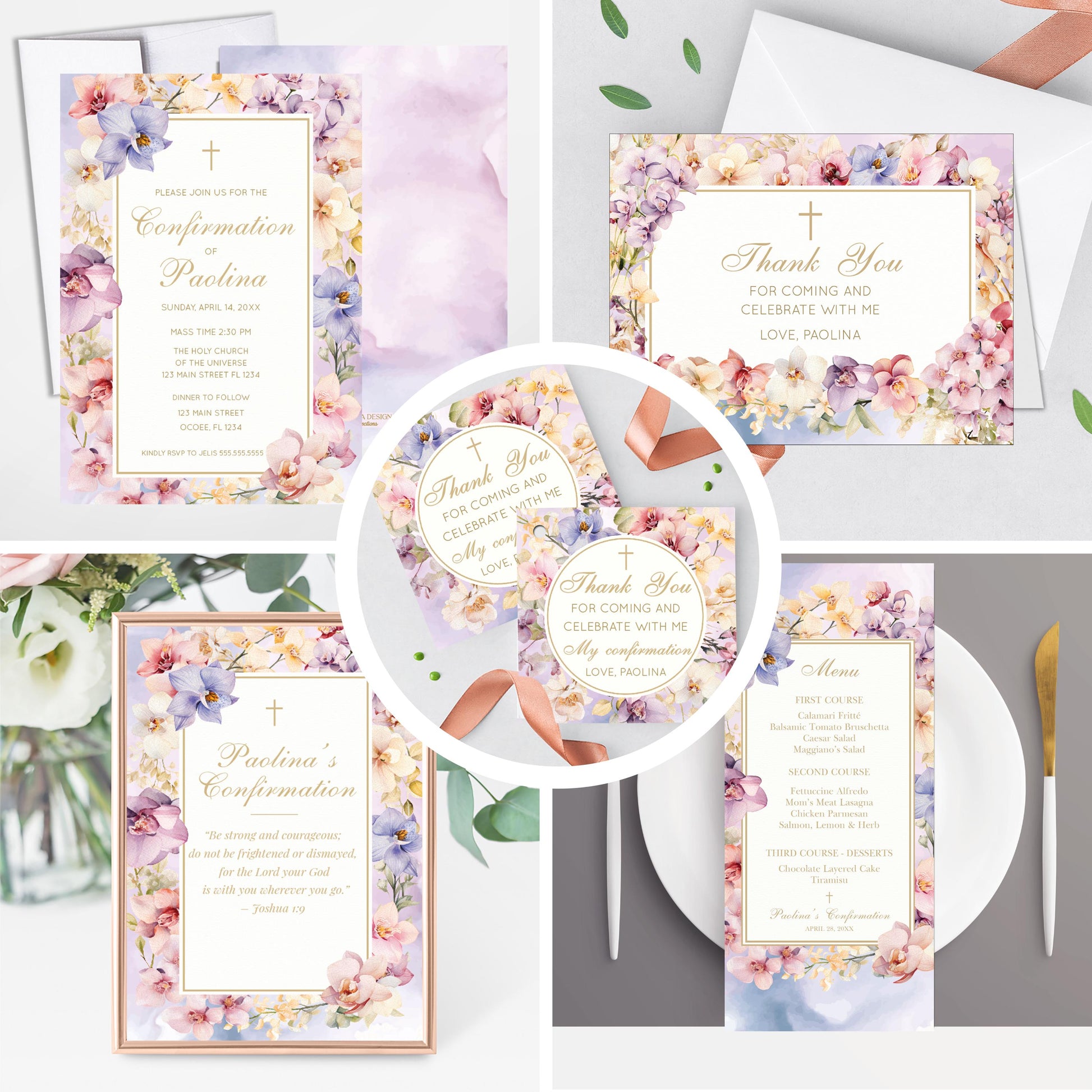 Floral Orchids Confirmation Invitation, Elegant Lilac Design