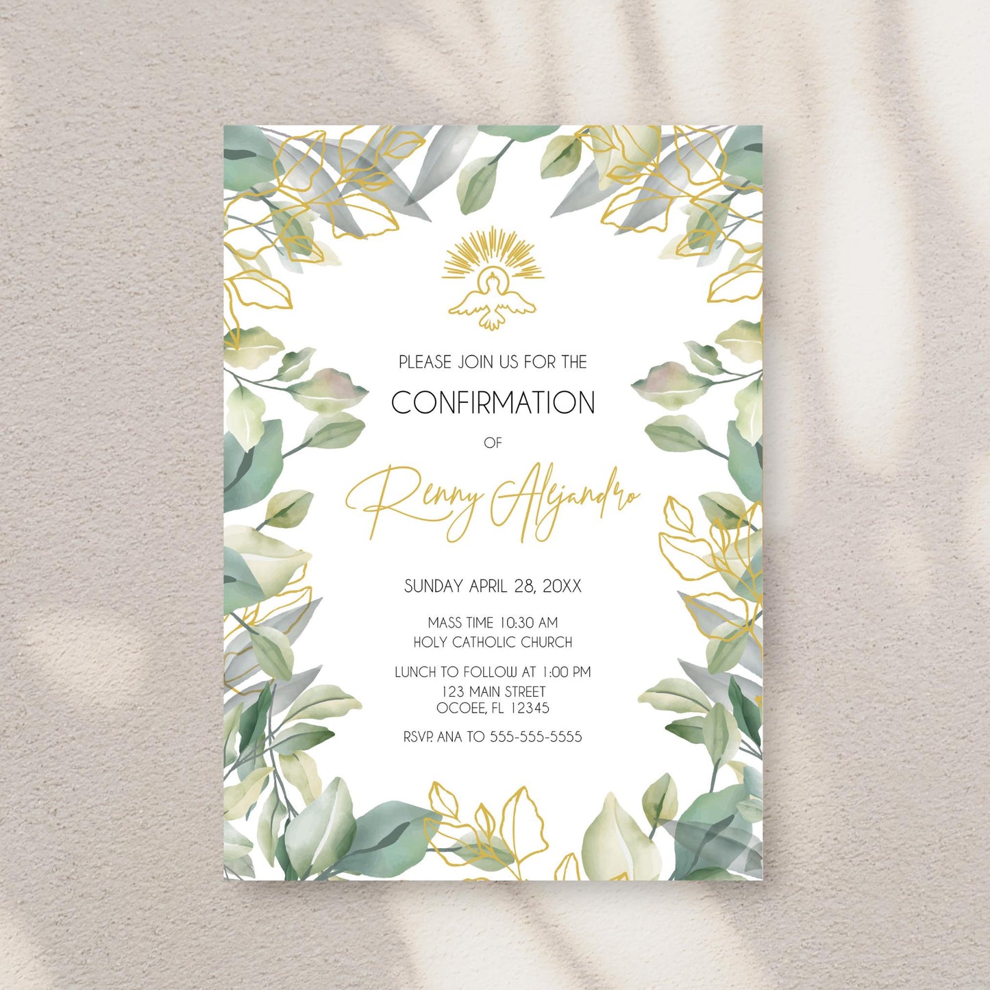 Greenery Dove Confirmation Invitation, Elegant Gold Religious Design
