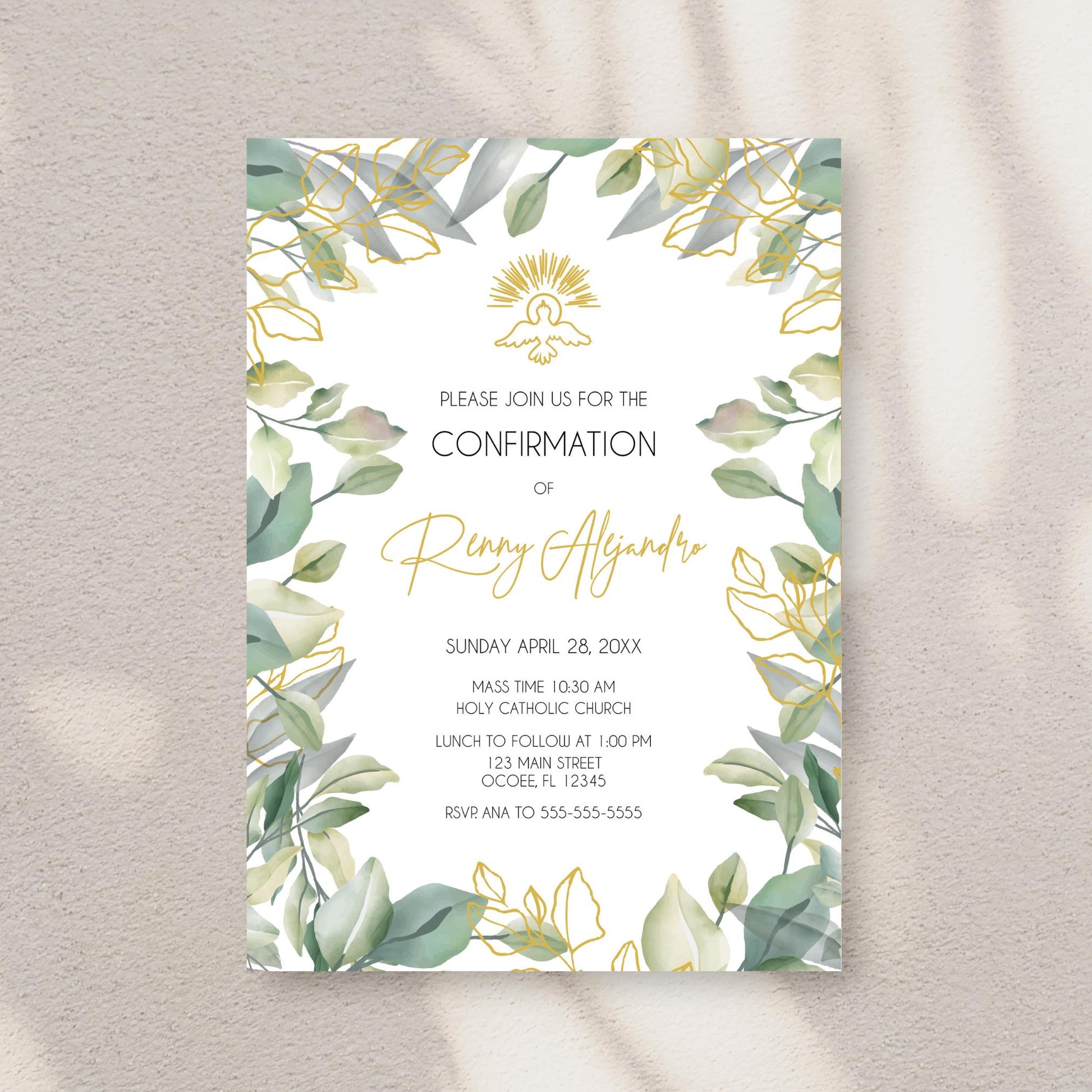 Greenery Dove Confirmation Invitation, Elegant Gold Religious Design