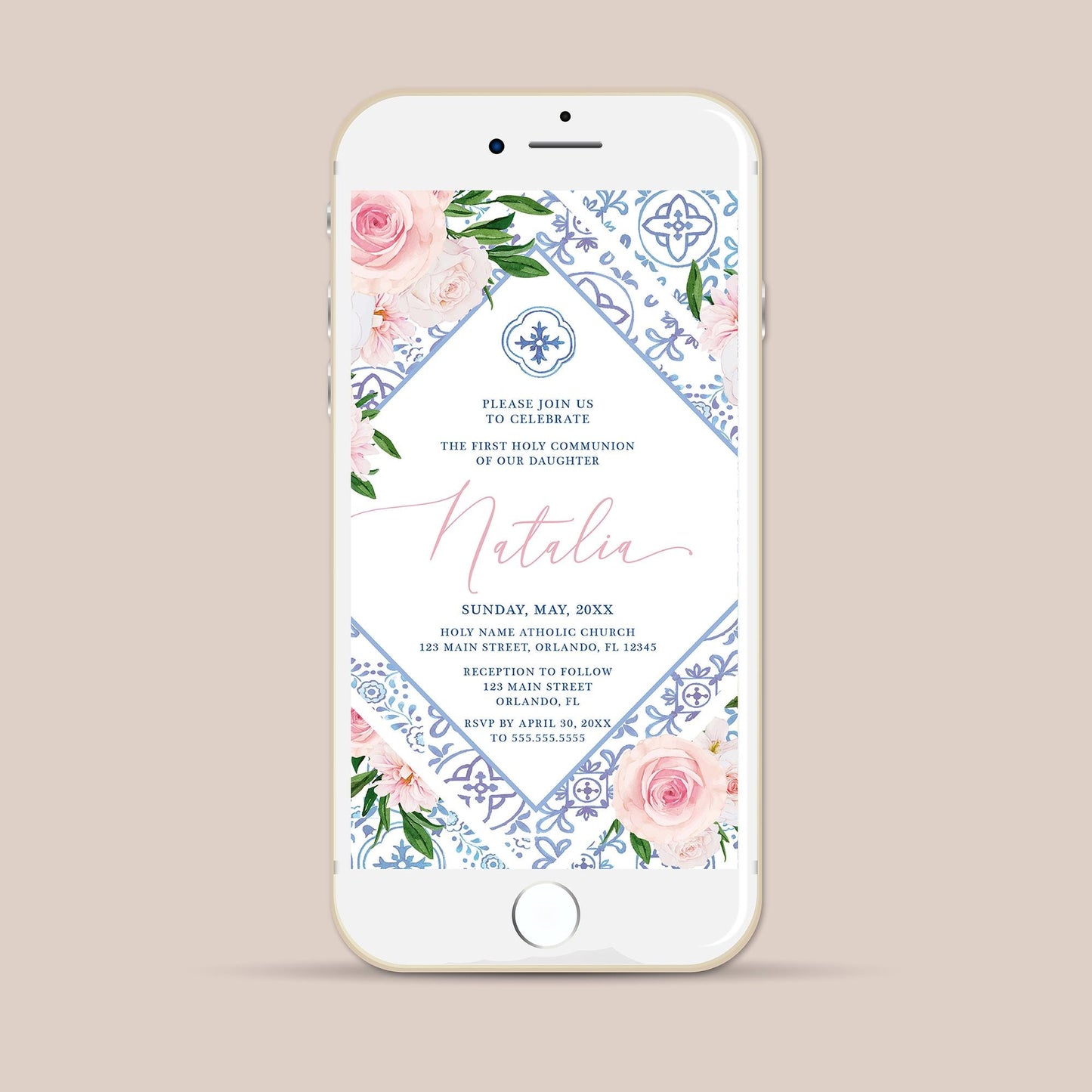 Floral First Communion Invitation, Blue Tile Design