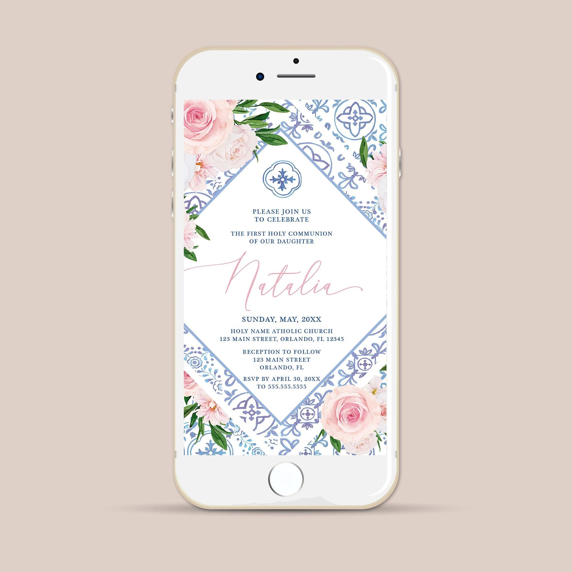 Floral First Communion Invitation, Blue Tile Design