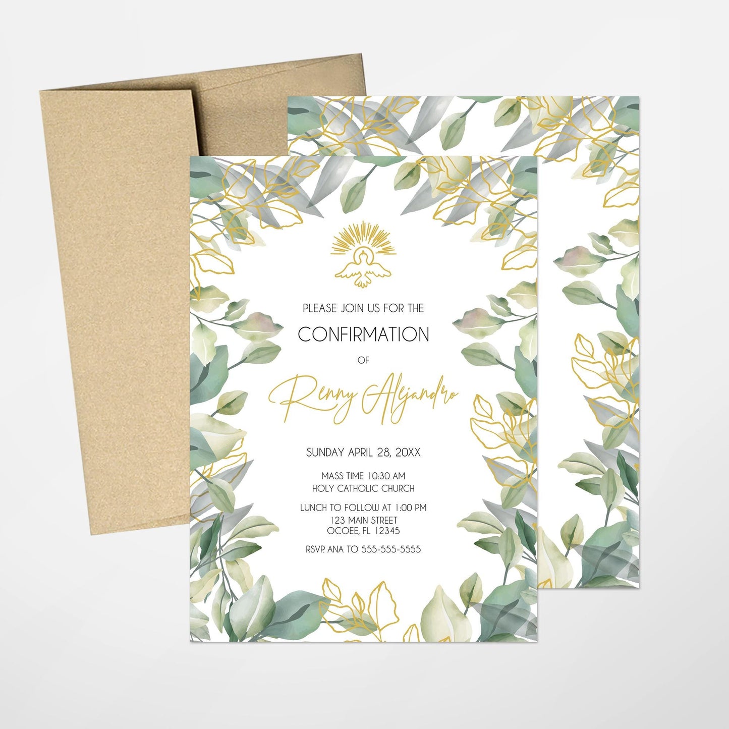 Greenery Dove Confirmation Invitation, Elegant Gold Religious Design
