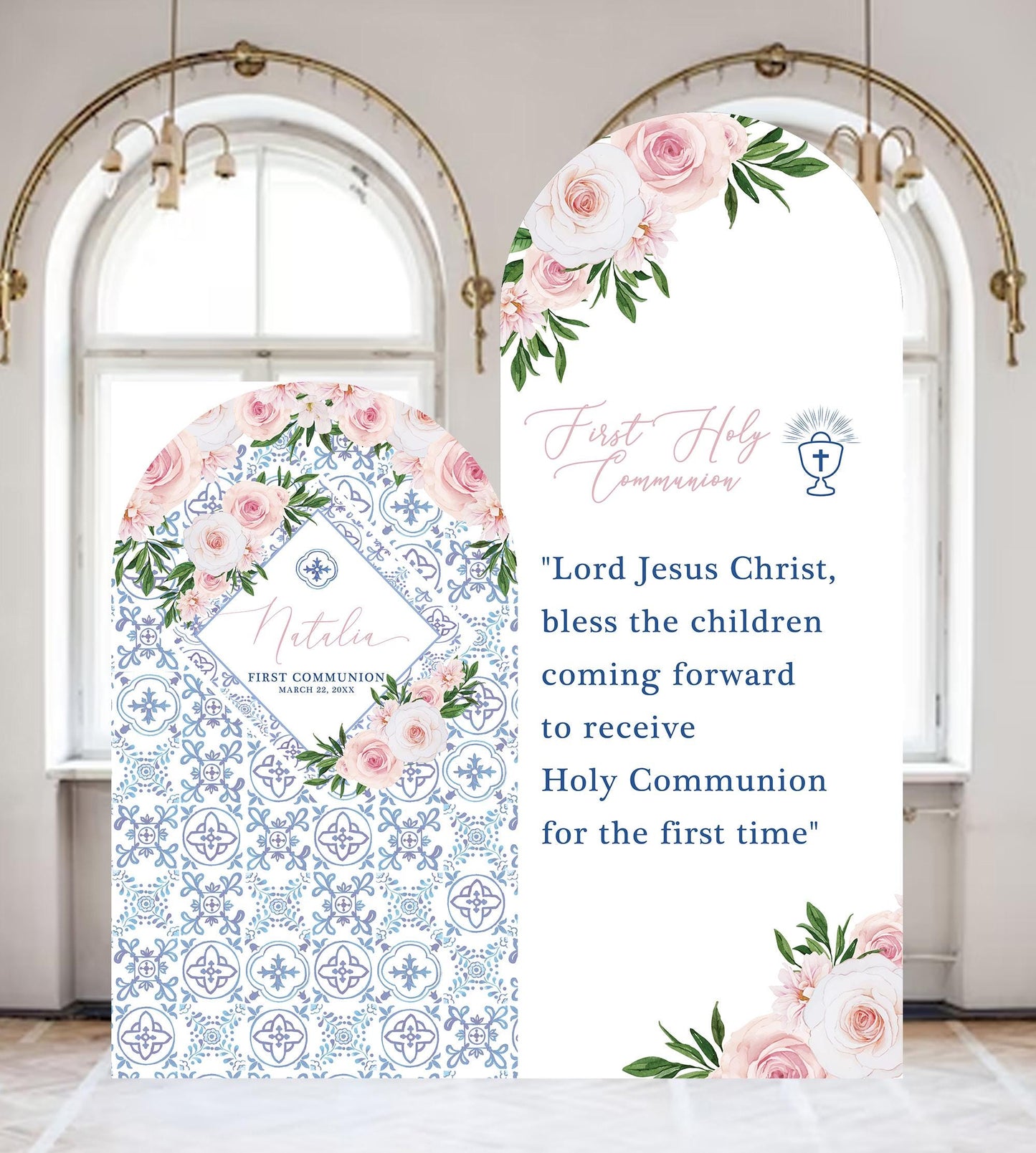 First Communion Welcome Sign, Pink Floral Arch Decor