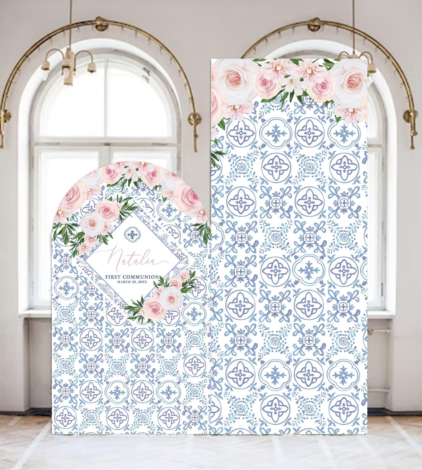 First Communion Welcome Sign, Pink Floral Arch Decor