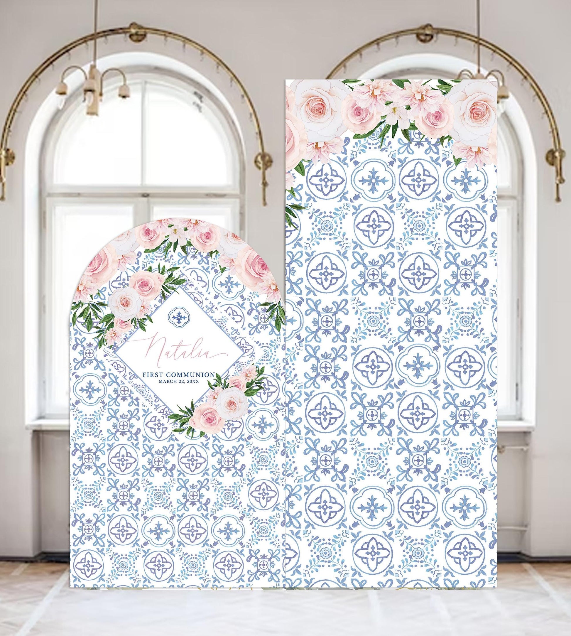 First Communion Welcome Sign, Pink Floral Arch Decor