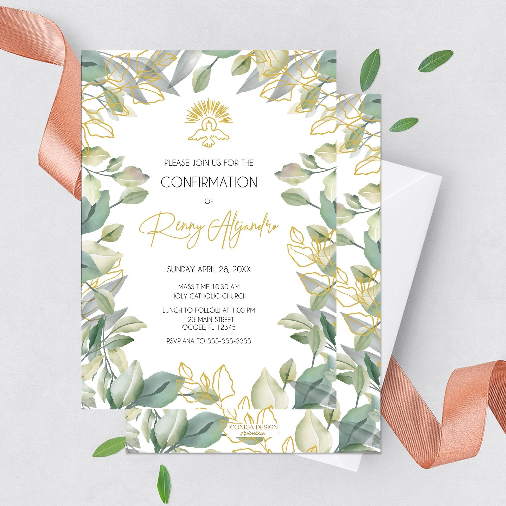 Greenery Dove First Communion Invitation, Elegant Gold Religious Event