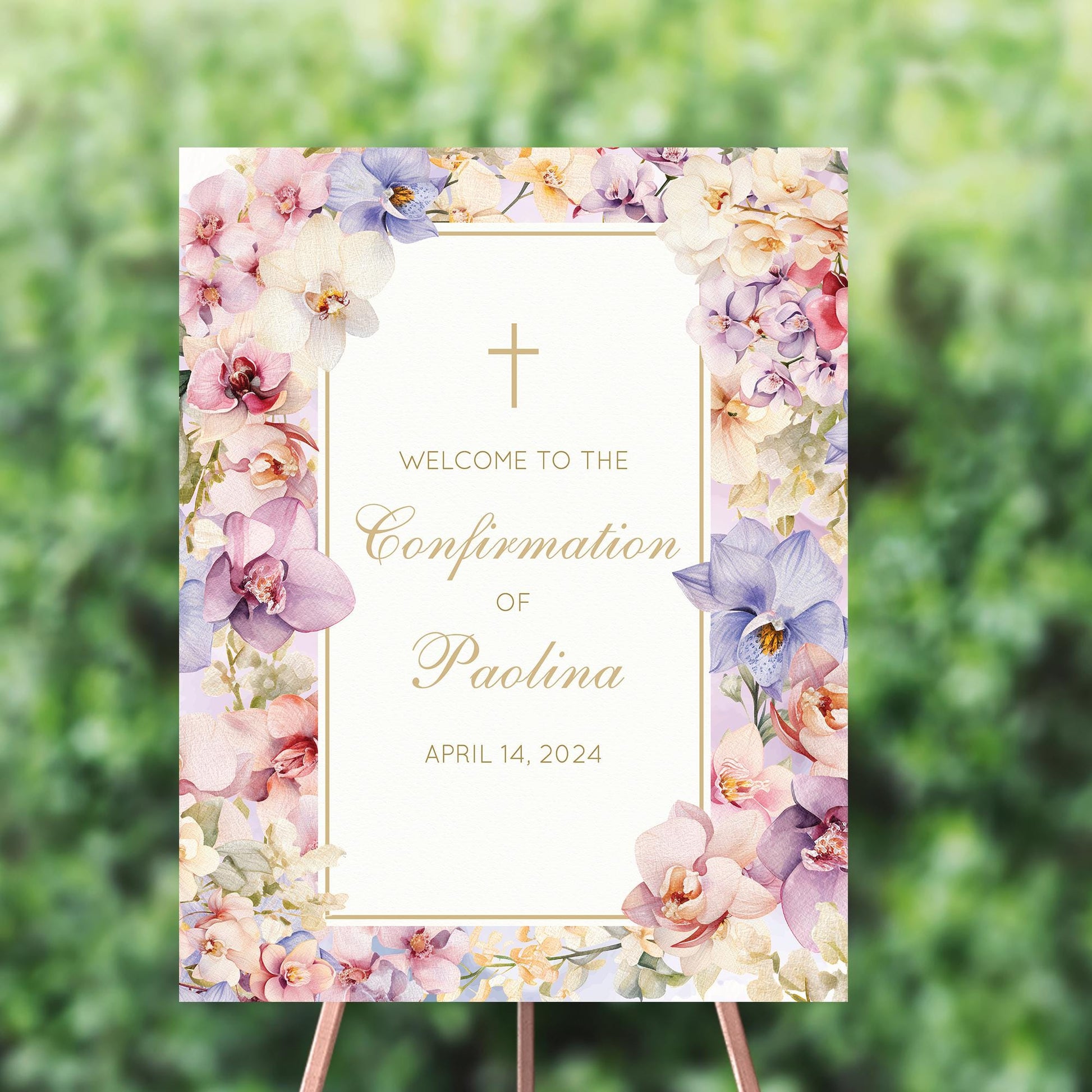 Personalized First Communion Welcome Sign, Lilac Orchid Floral