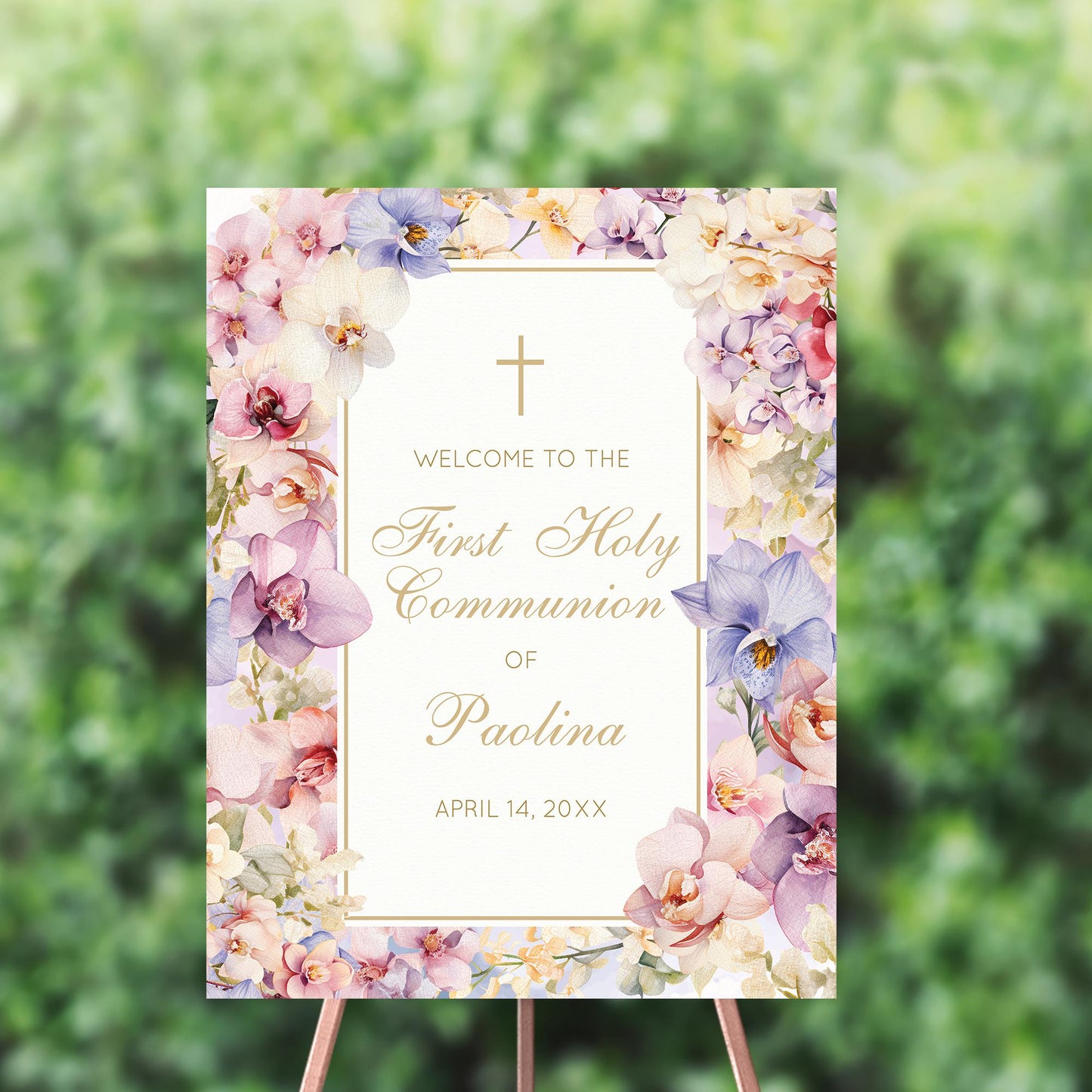 Personalized First Communion Welcome Sign, Lilac Orchid Floral
